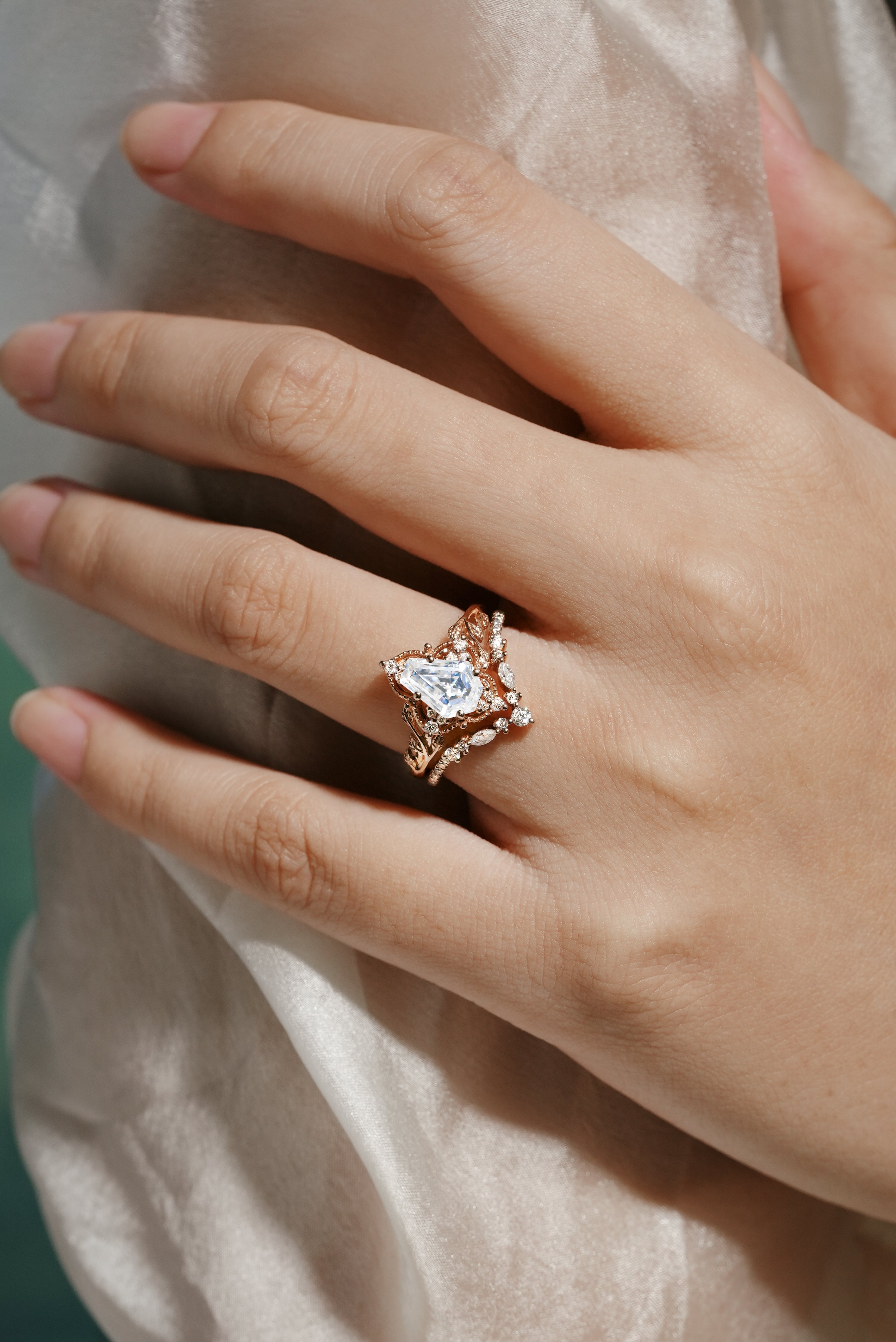Rose Gold Leaf Engagement Ring with Coffin Cut Moissanite