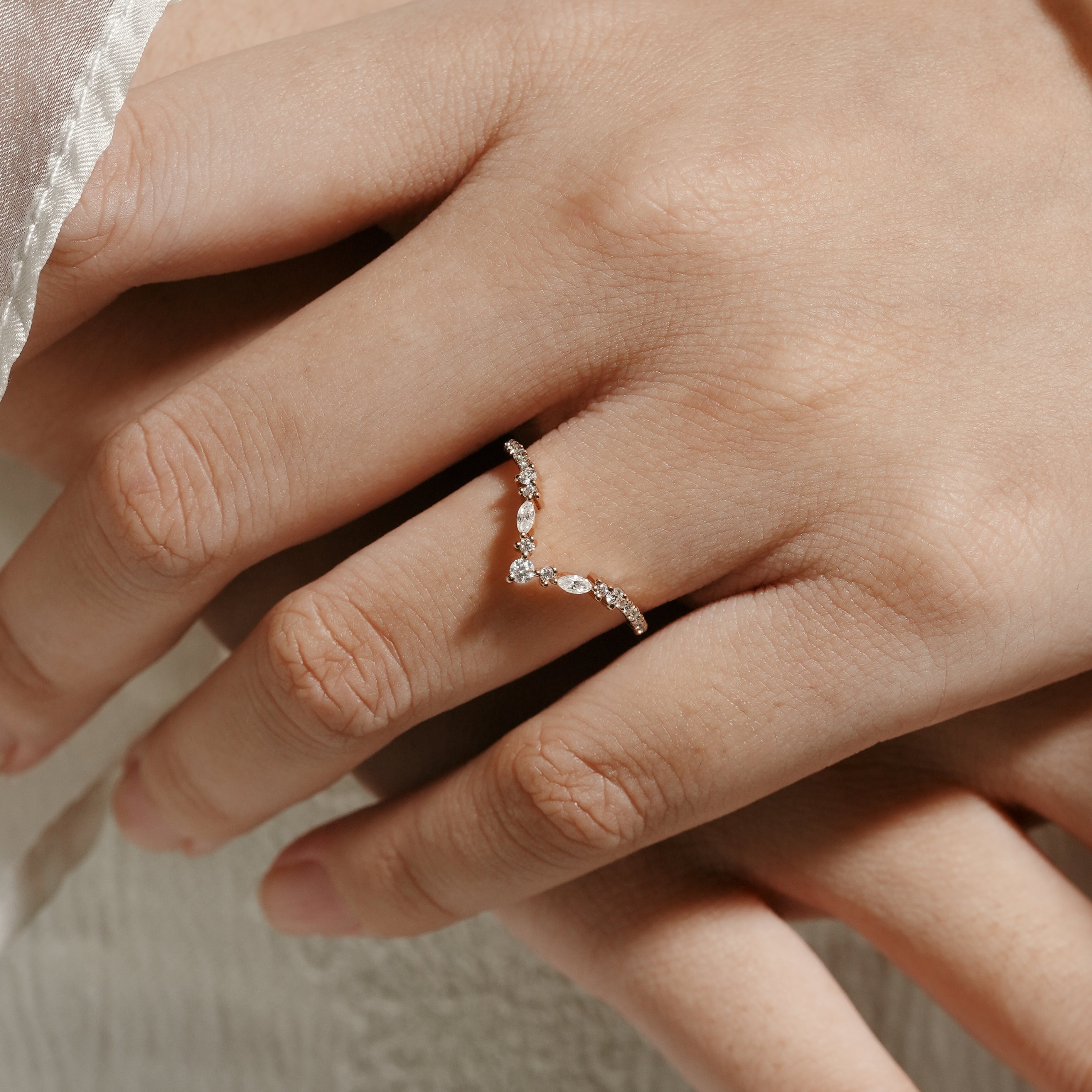 Elara moissanite wedding band, nature-inspired design