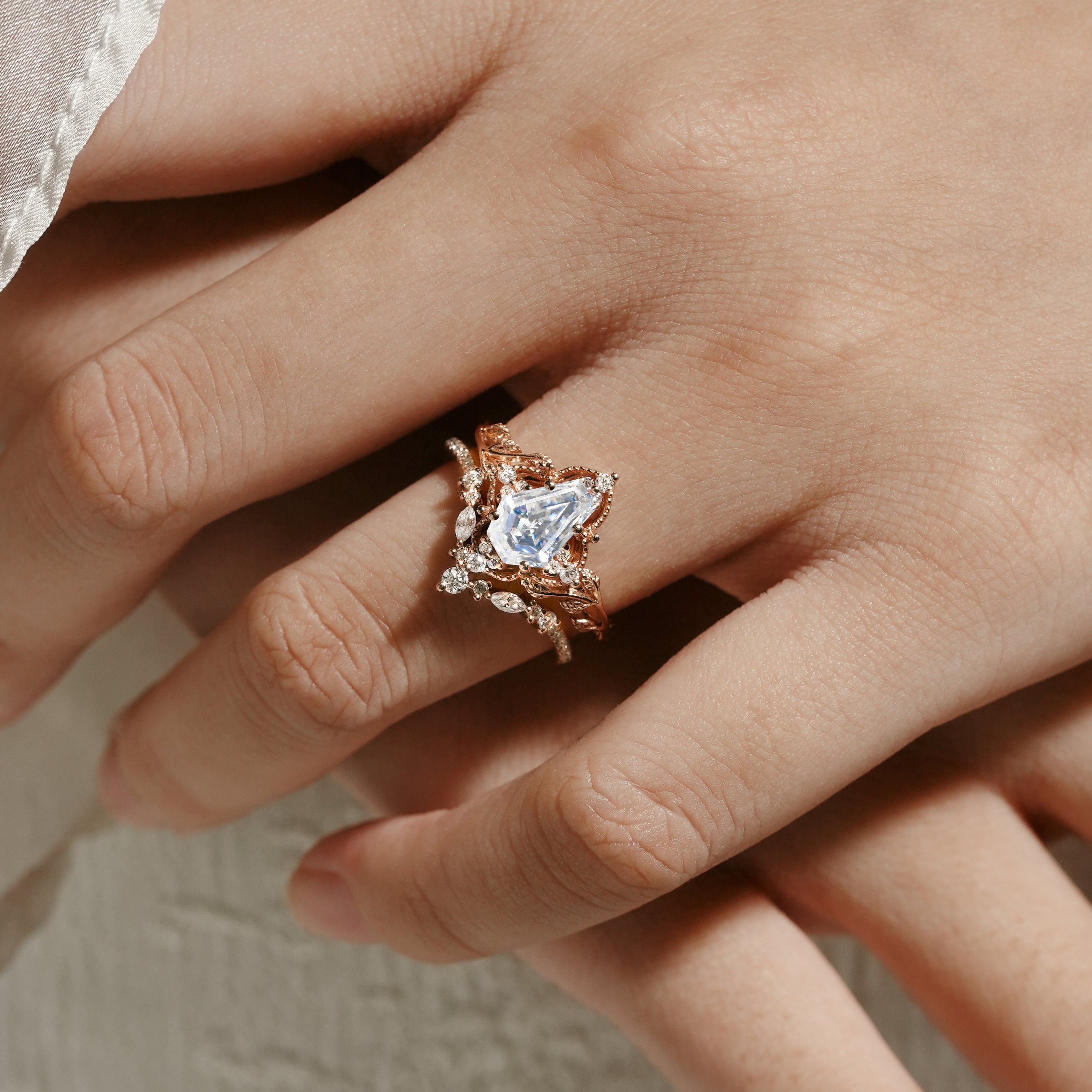 Rose gold leaf engagement ring bridal set, coffin cut moissanite
