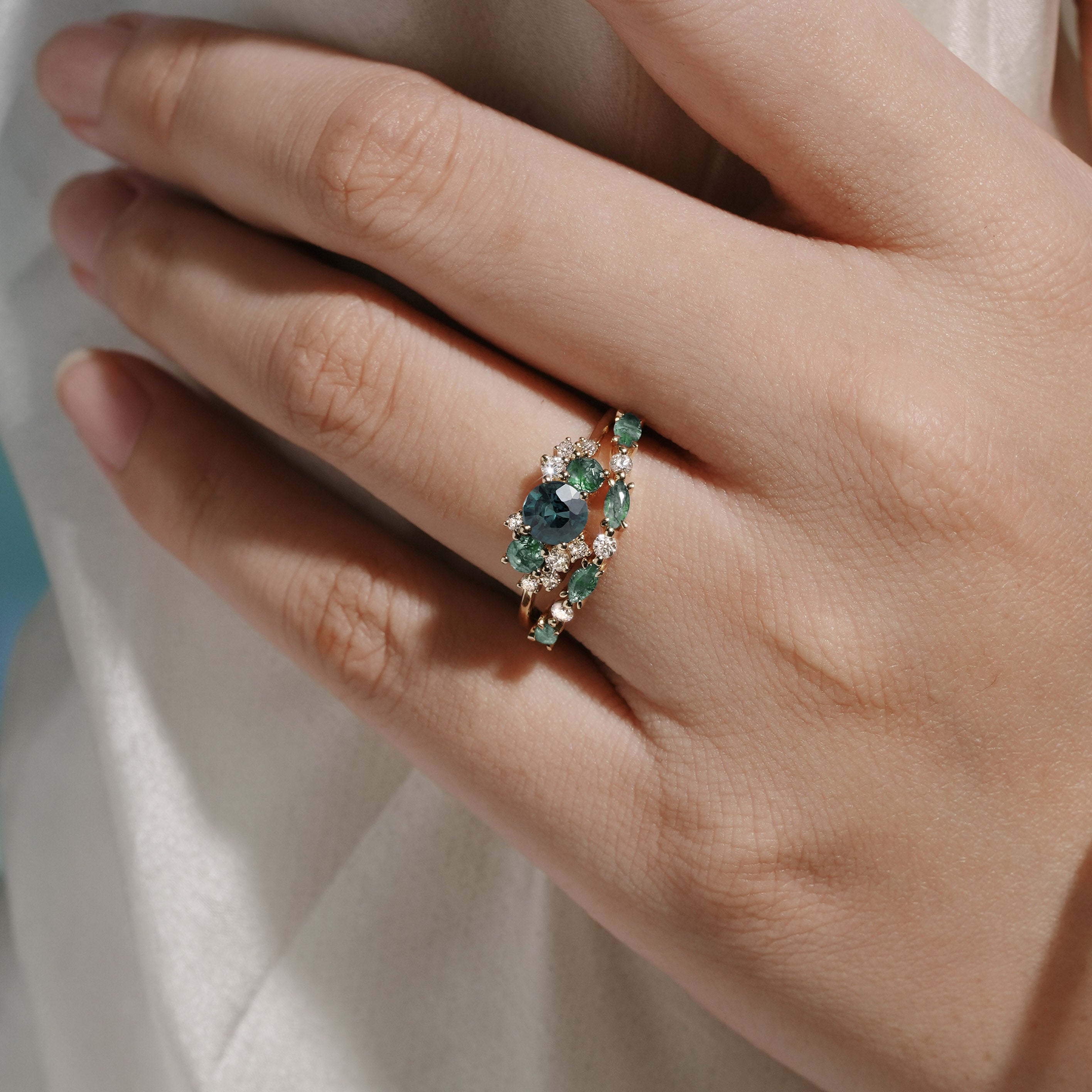 Teal sapphire engagement ring set with moss agate, moissanite & solid gold, bridal set, wedding rings on hand.