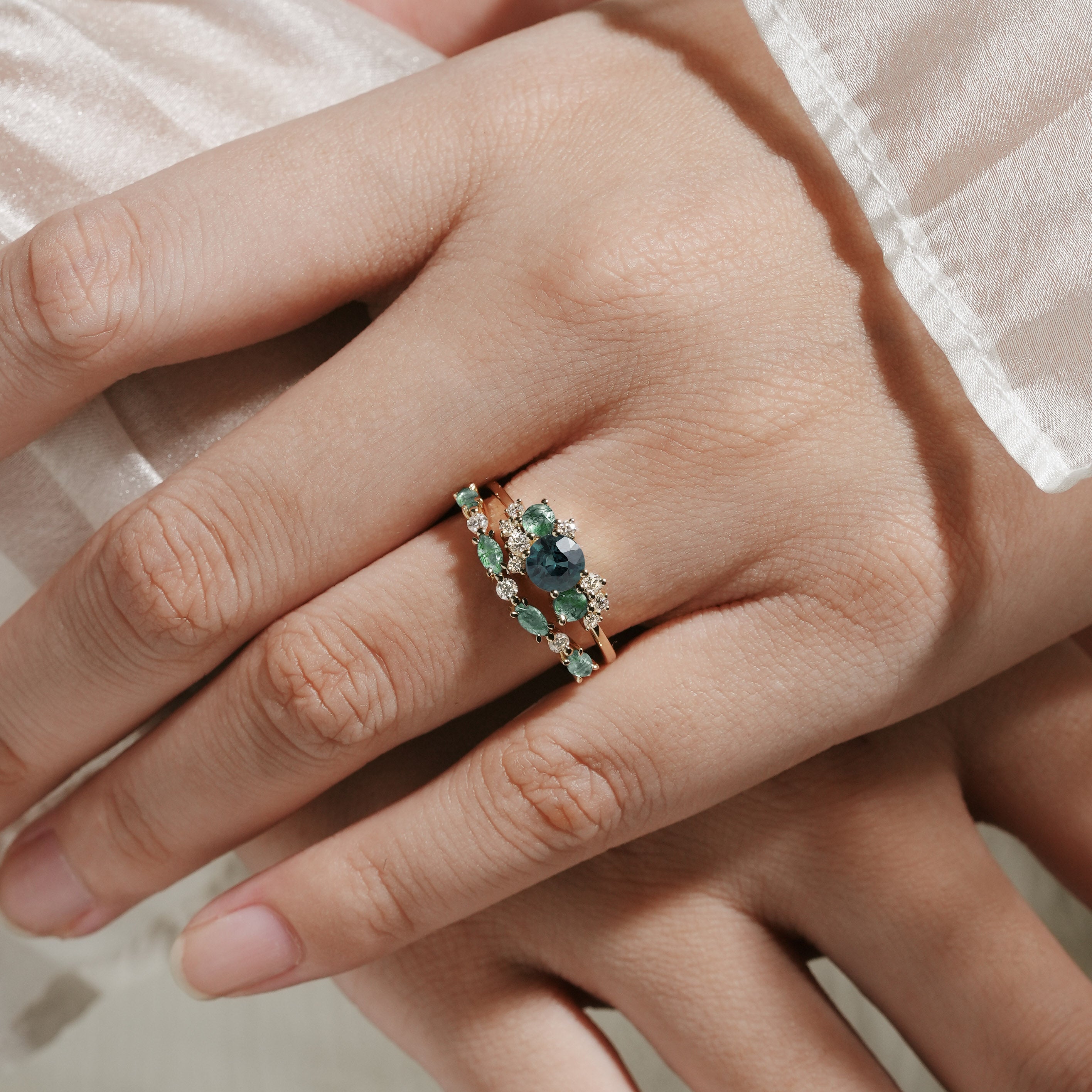 Teal sapphire and moss agate bridal ring set in gold, moissanite accents, wedding ring, engagement ring.