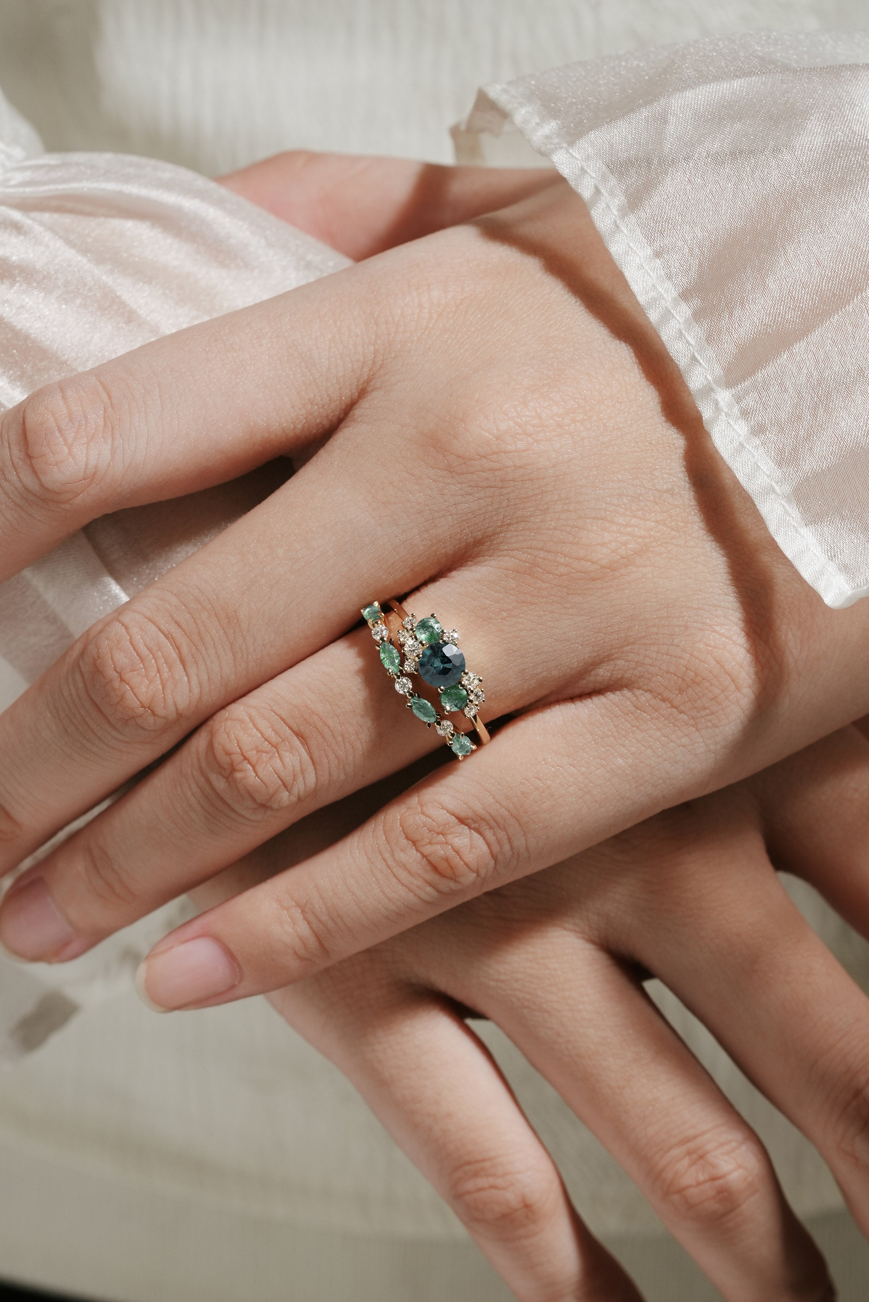 Teal sapphire and moss agate bridal ring set in gold, moissanite accents, wedding ring, engagement ring.