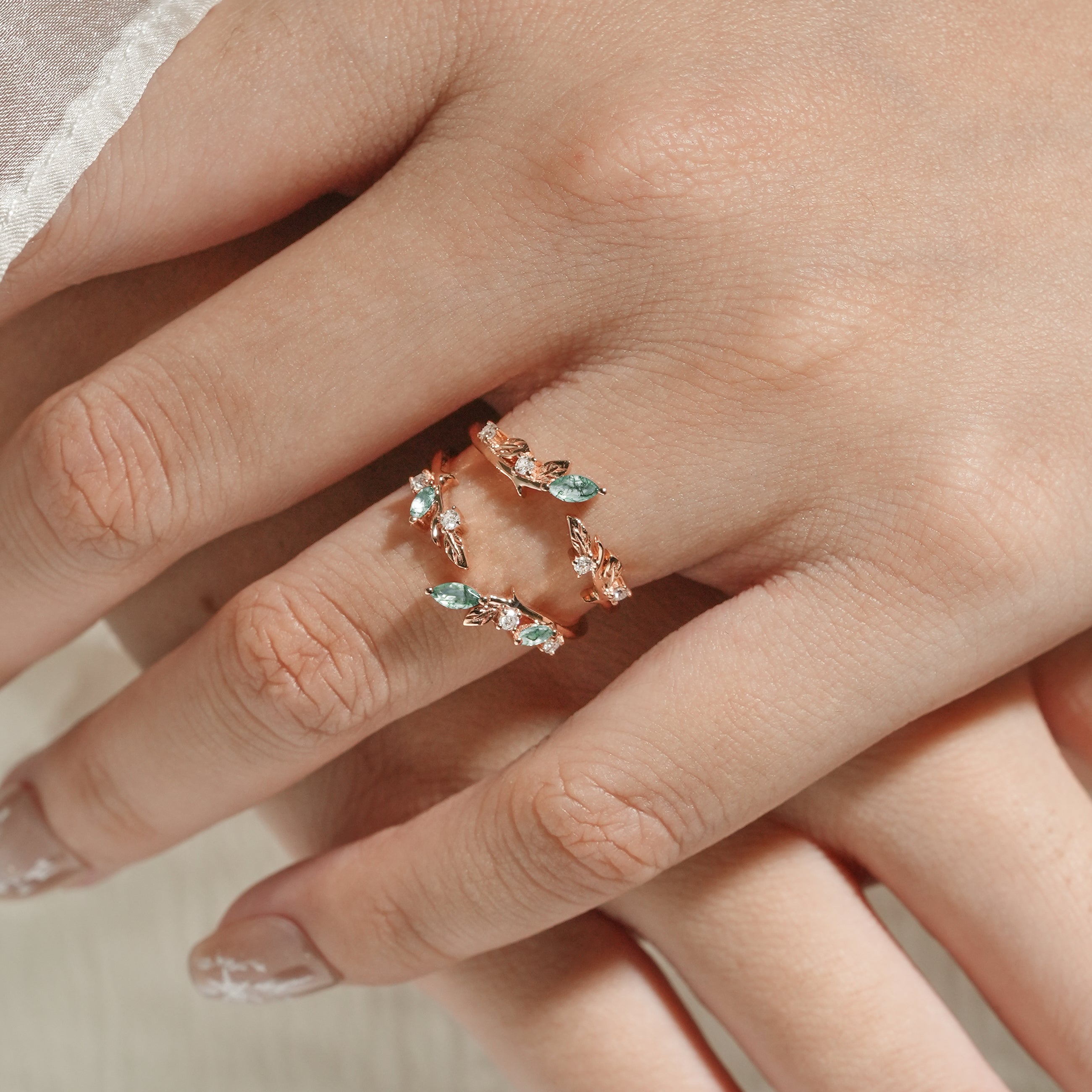 Rose gold moss agate enhancer double wedding band with leaf design, moissanite, vintage bridal ring.