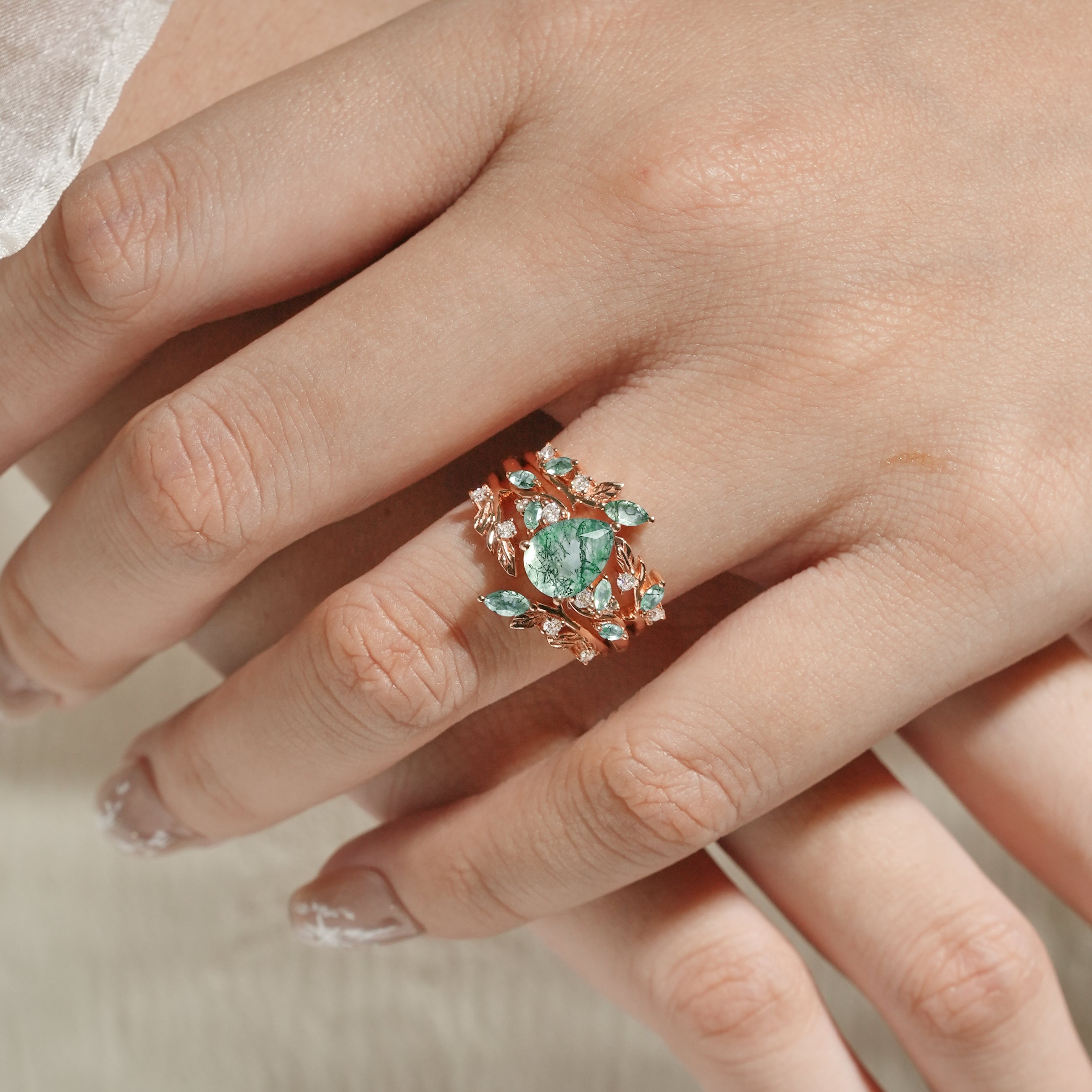 Rose gold moss agate engagement ring set with leaf branch design. Bridal set with moissanite accents. Vintage style.