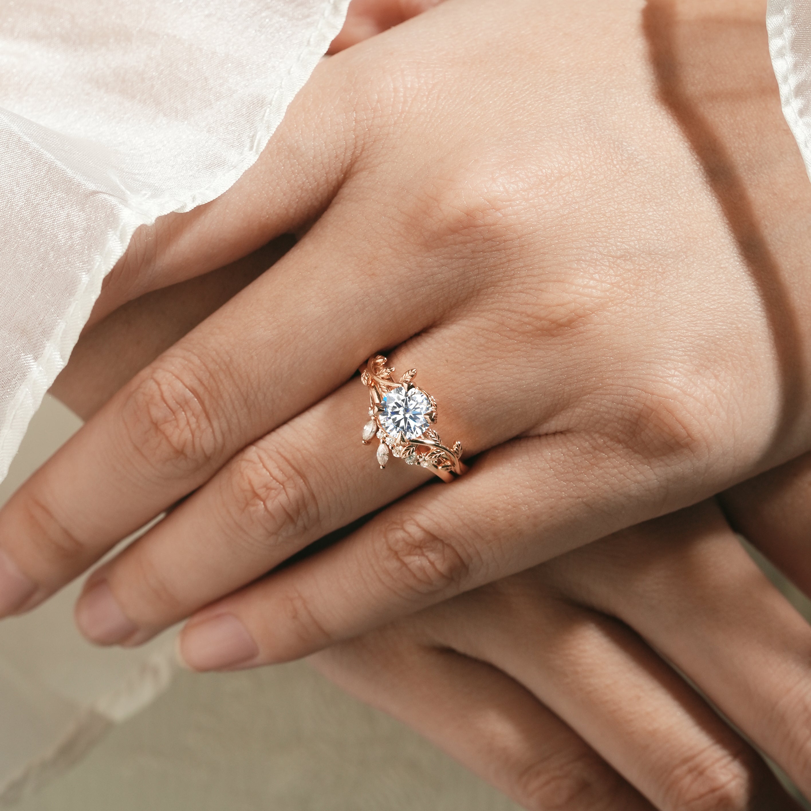 Rose gold moissanite leaf engagement ring set