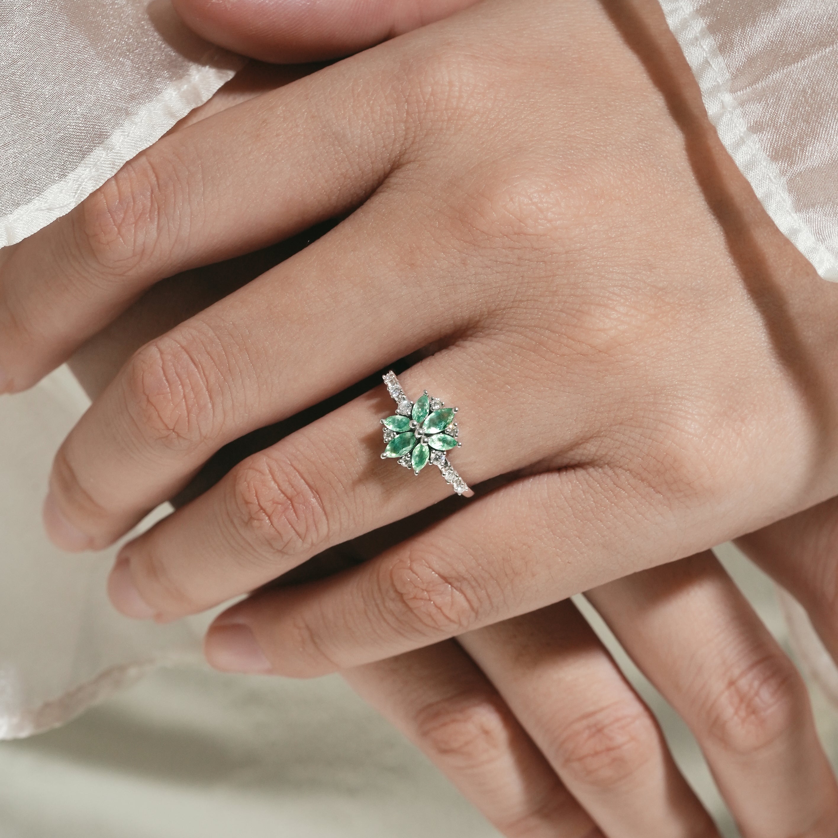 Marquise Moss Agate Engagement Ring on Hand