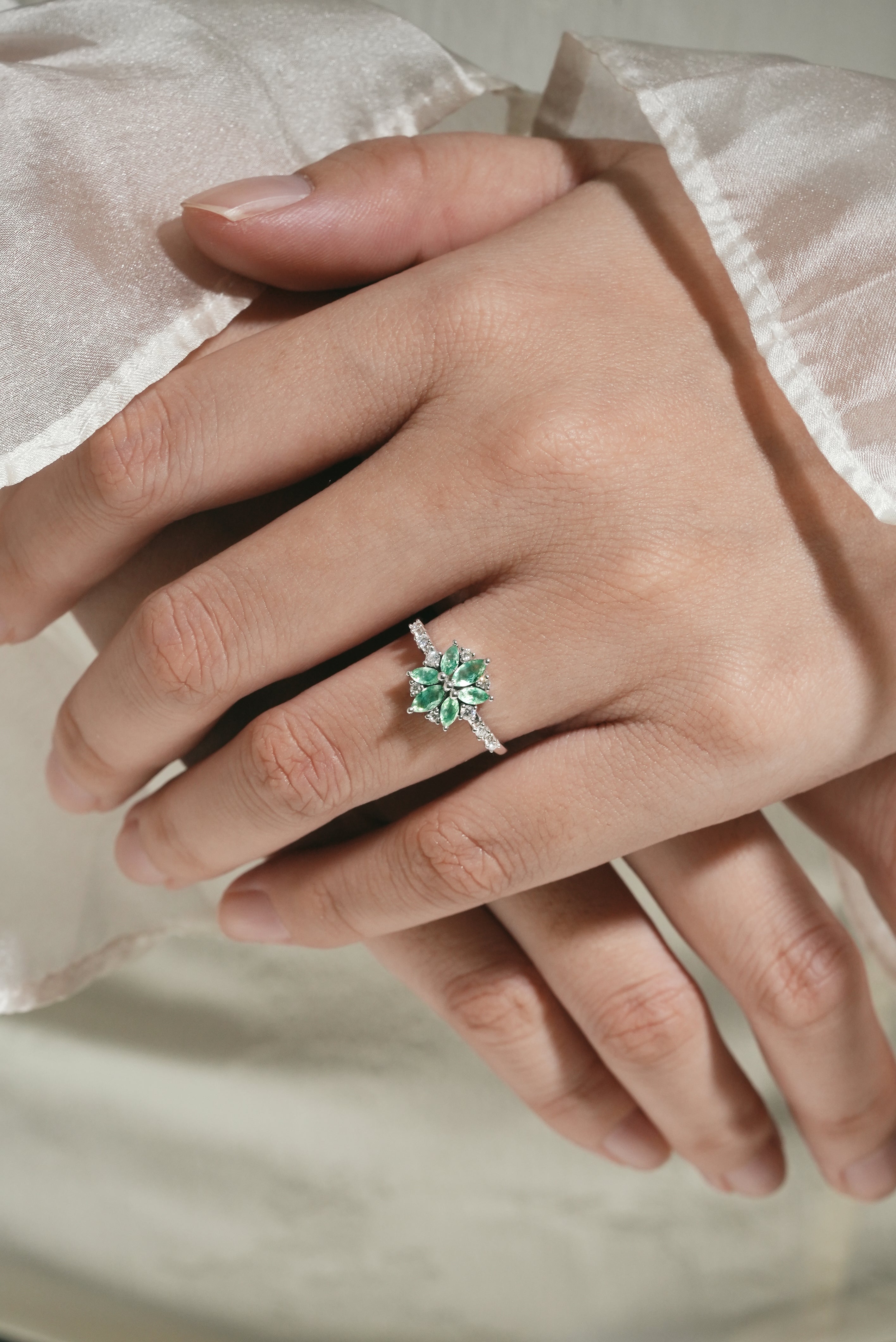 Marquise Moss Agate Engagement Ring on Hand