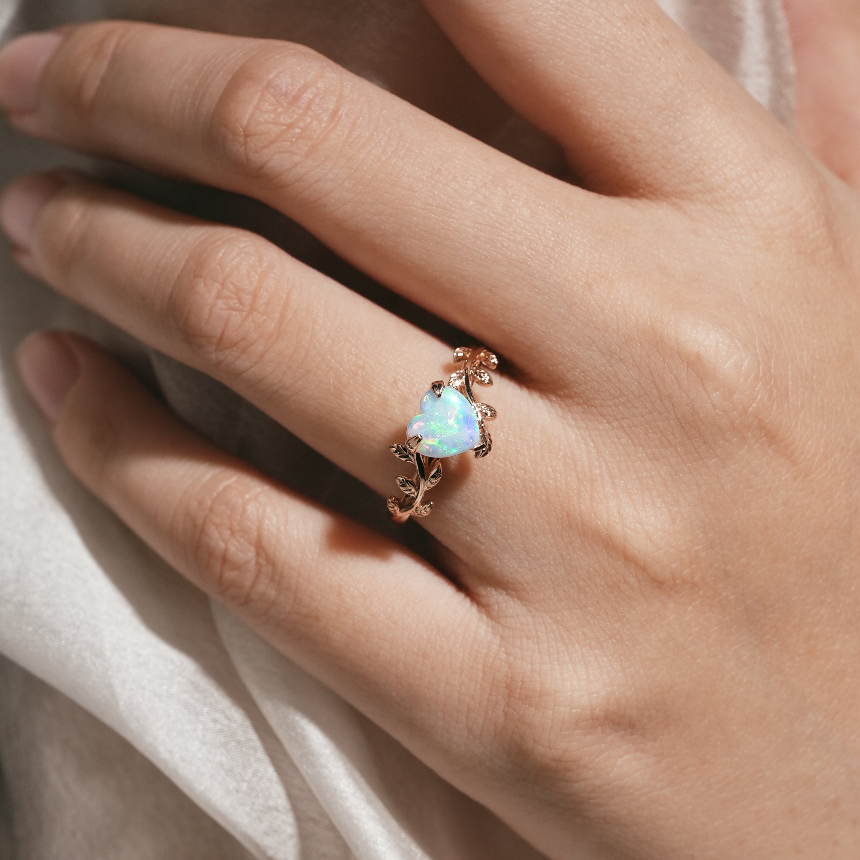 Heart-shaped opal ring with leaf accents, Lahela Jewelry