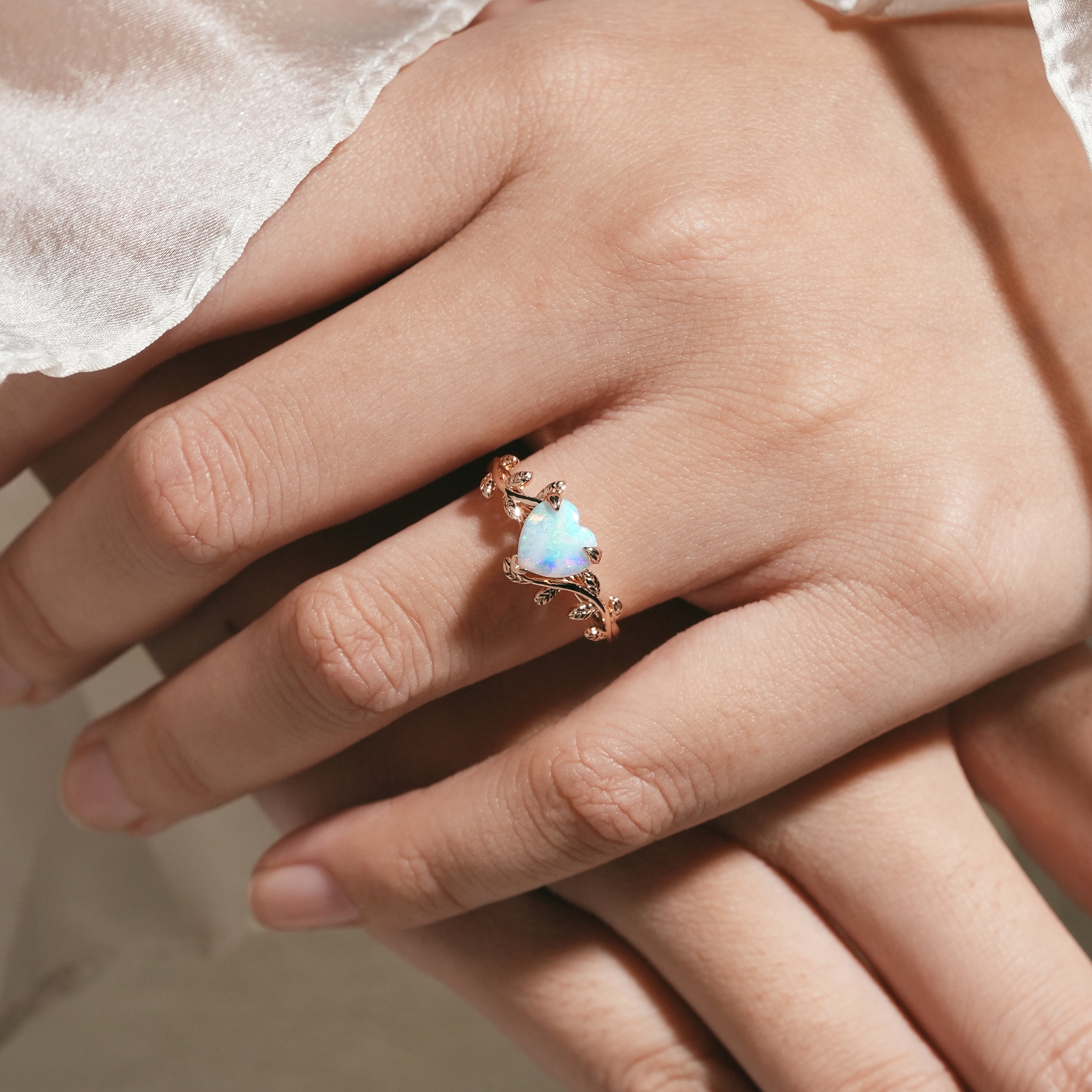 Nature-inspired heart-cut opal engagement ring, Lahela Jewelry