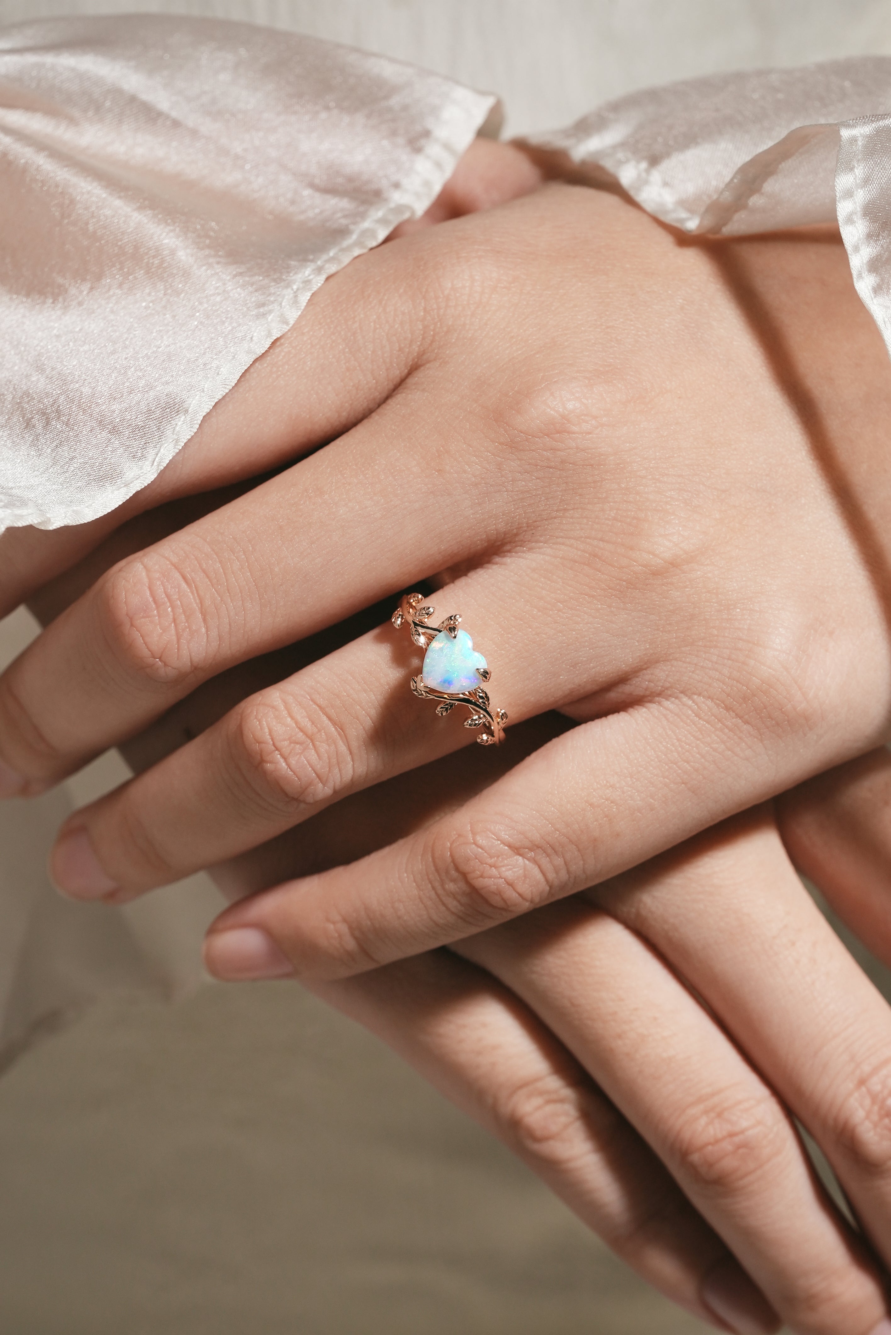 Nature-inspired heart-cut opal engagement ring, Lahela Jewelry