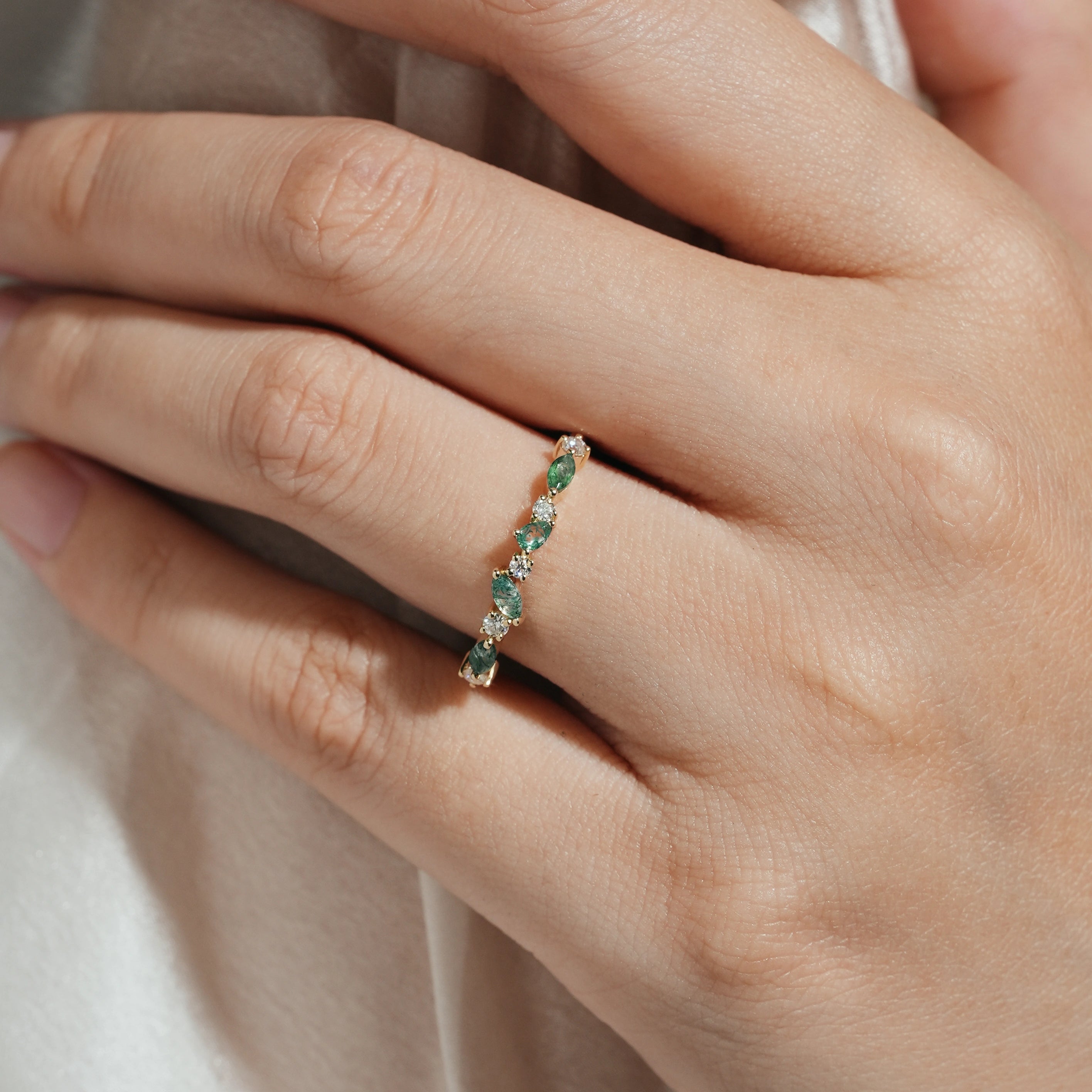 Moss Agate & Moissanite Stackable Wedding Band - Lahela Jewelry