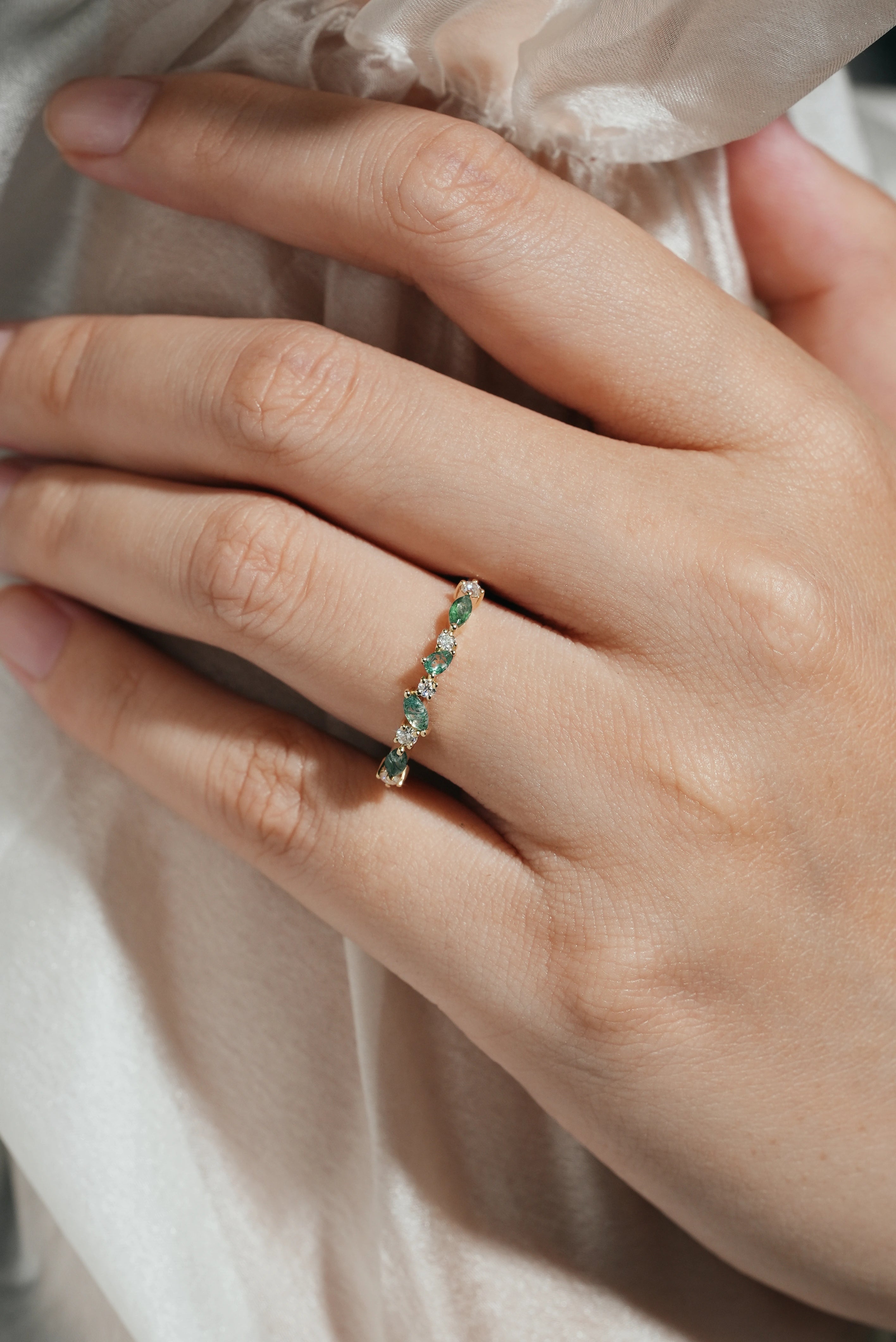 Moss Agate & Moissanite Stackable Wedding Band - Lahela Jewelry