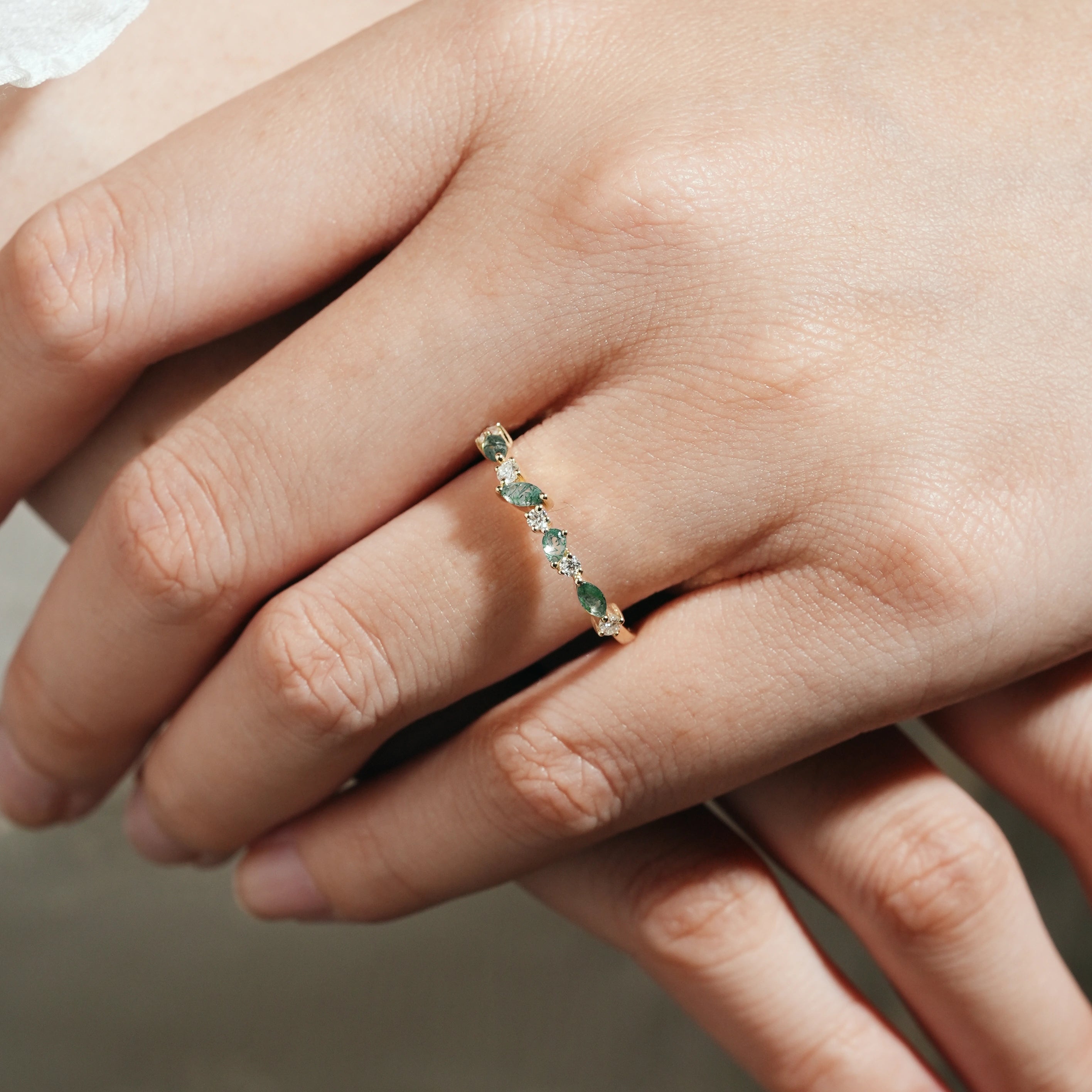 Moss Agate & Moissanite Stackable Wedding Band - Lahela Jewelry