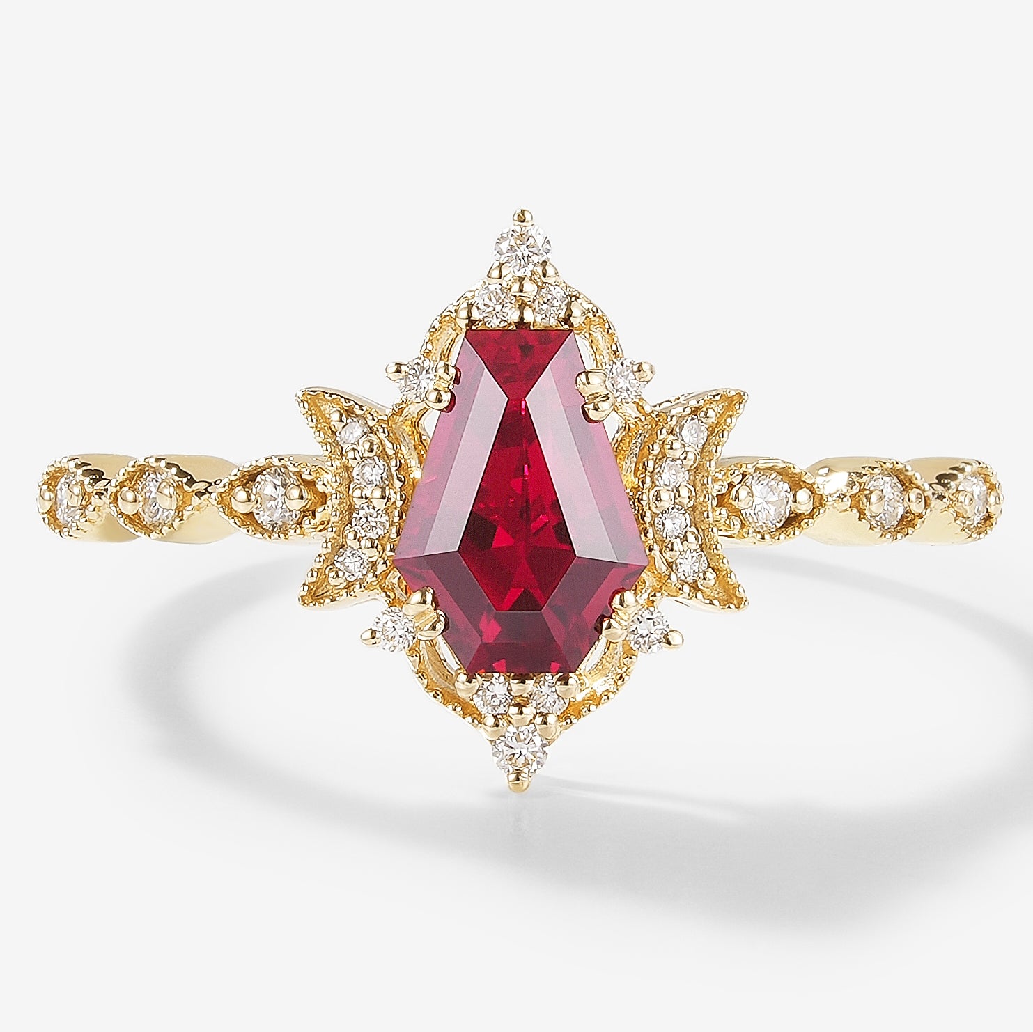 Yellow gold coffin cut lab grown ruby engagement ring, moon design, moissanite accents, bridal set.