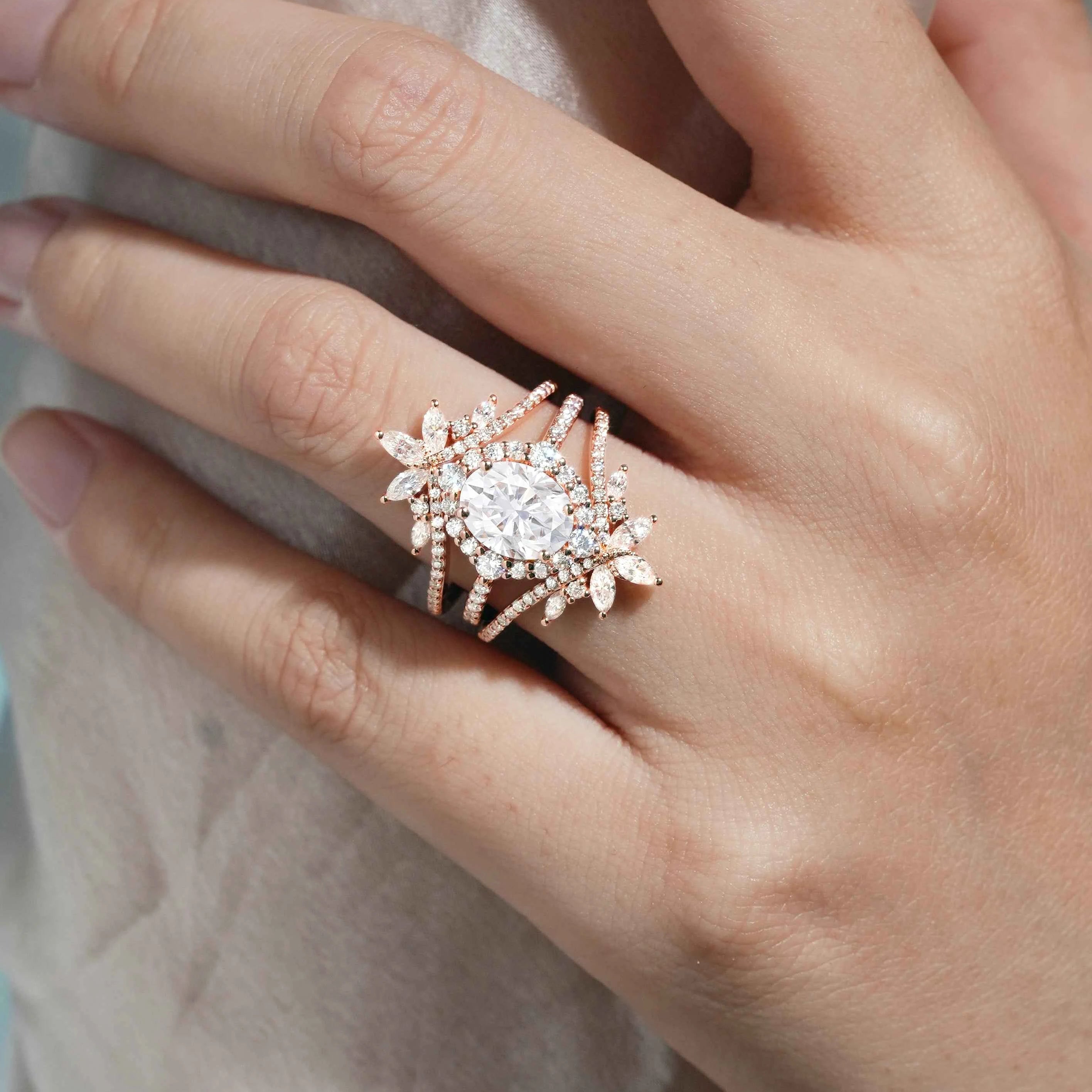 Classic Oval Moissanite Halo Engagement Ring & Vintage Enhancer Double Wedding Band 2Pcs Set