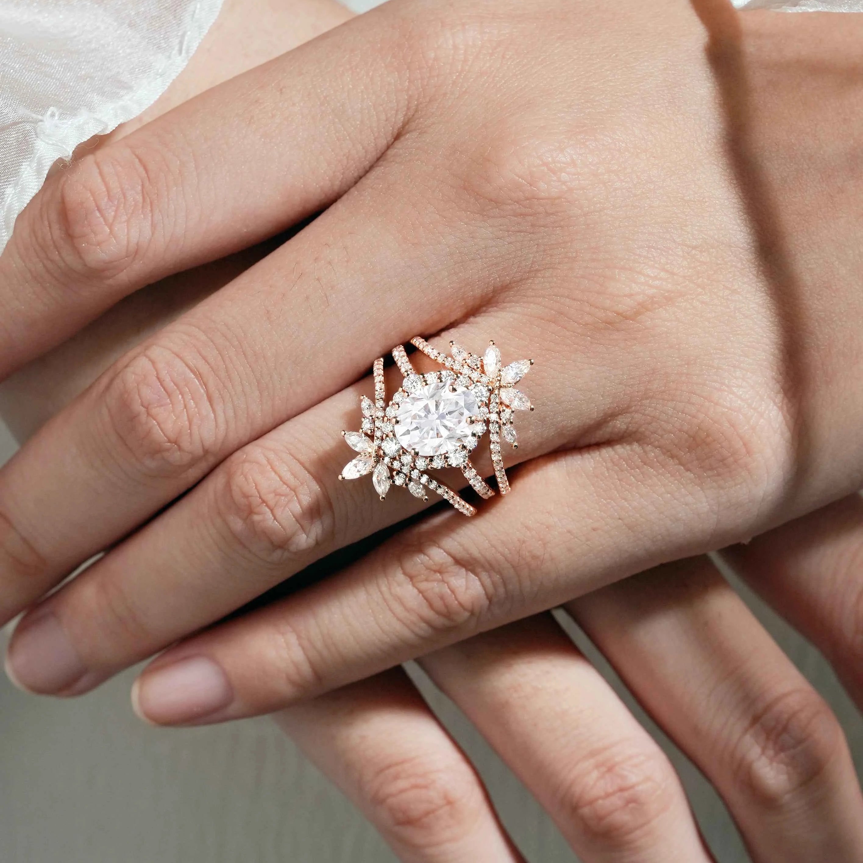 Classic Oval Moissanite Halo Engagement Ring & Vintage Enhancer Double Wedding Band 2Pcs Set