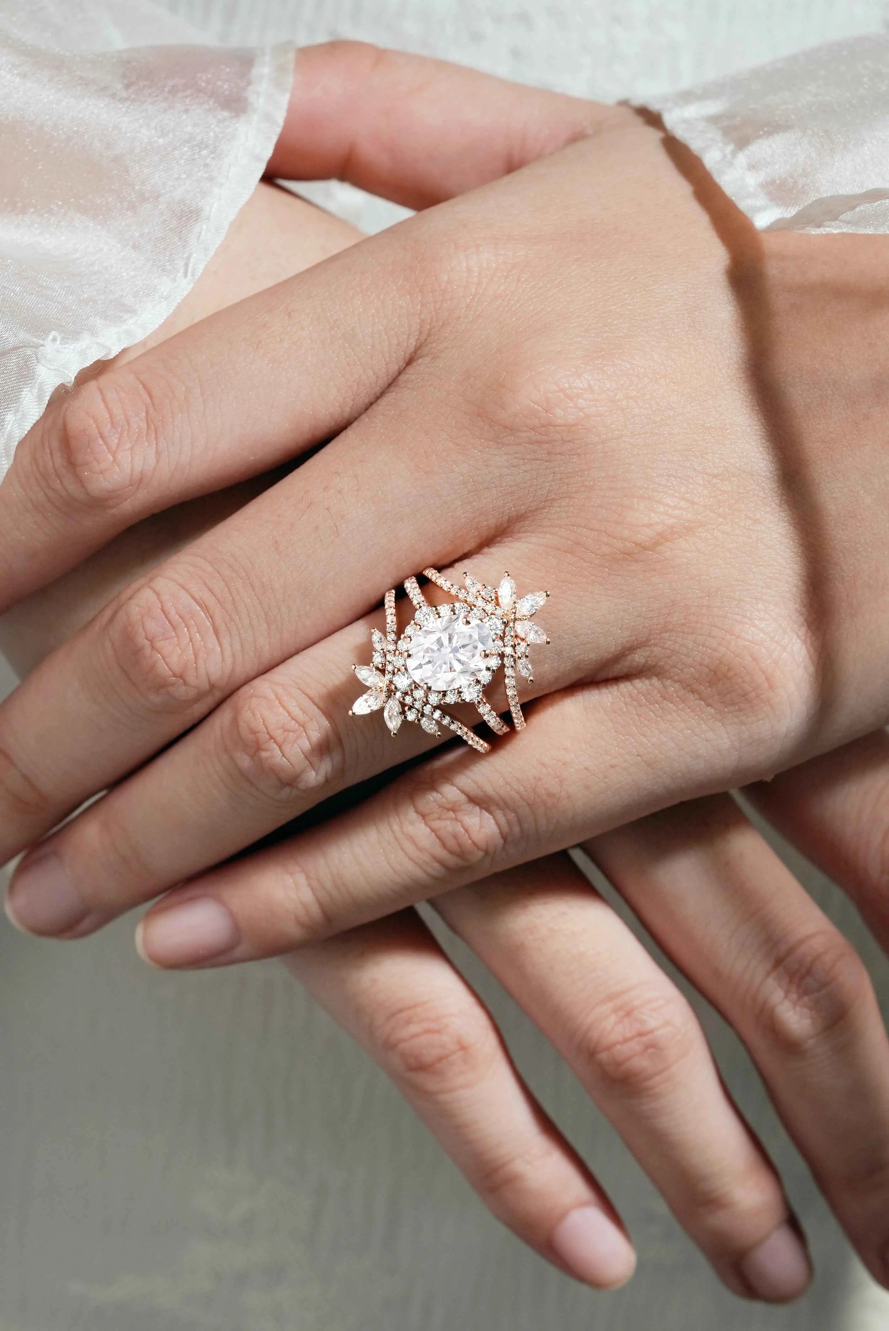 Classic Oval Moissanite Halo Engagement Ring & Vintage Enhancer Double Wedding Band 2Pcs Set