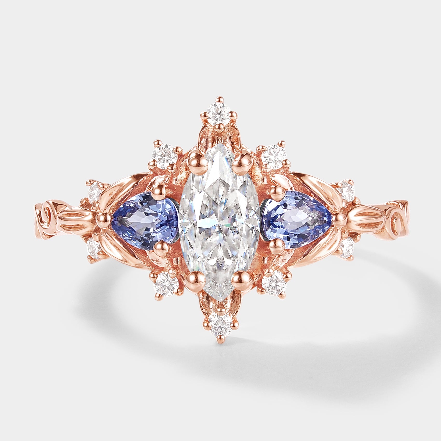 Marquise Cut Moissanite Leaf Engagement Ring with Sapphire Cluster