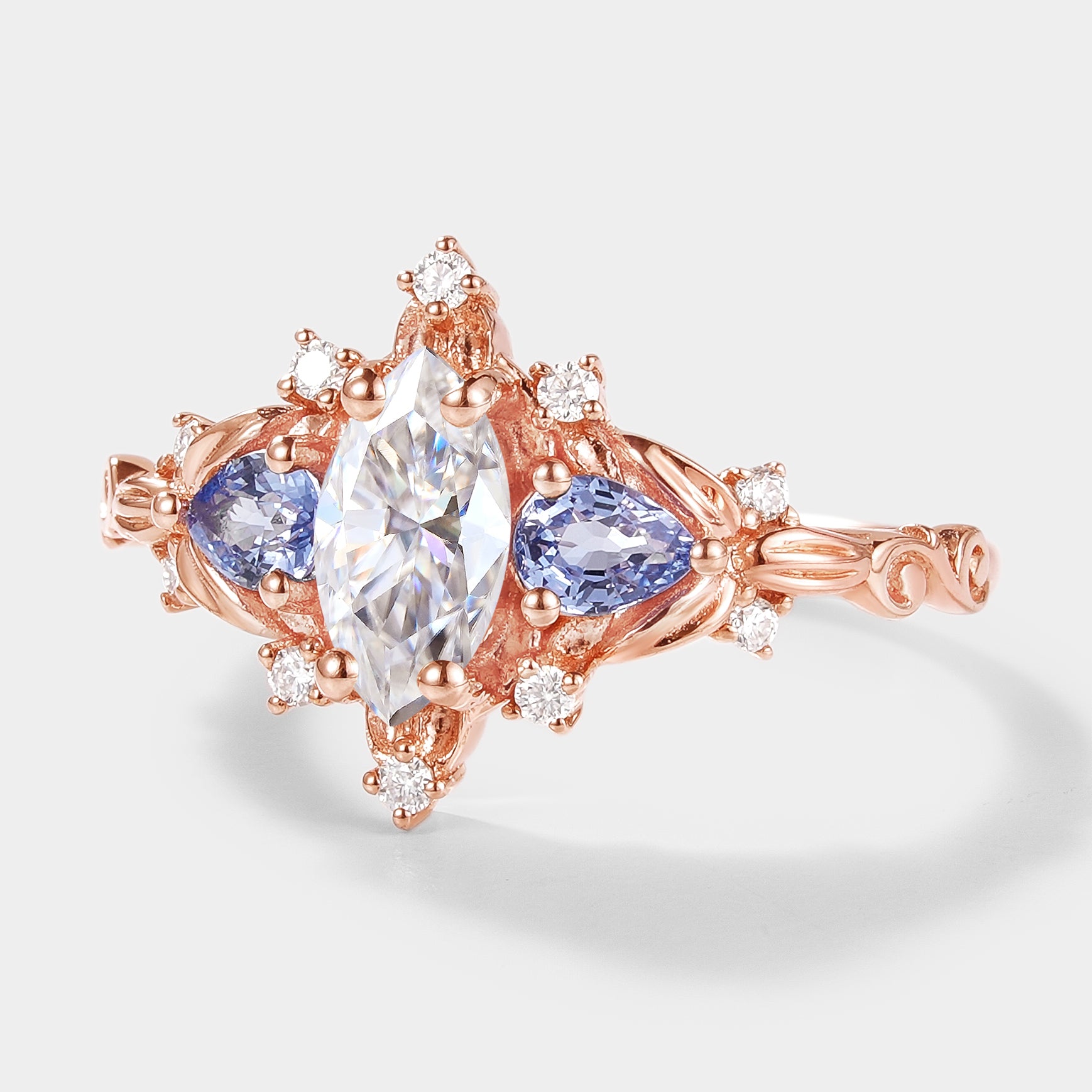 Rose Gold Marquise Moissanite and Sapphire Leaf Engagement Ring