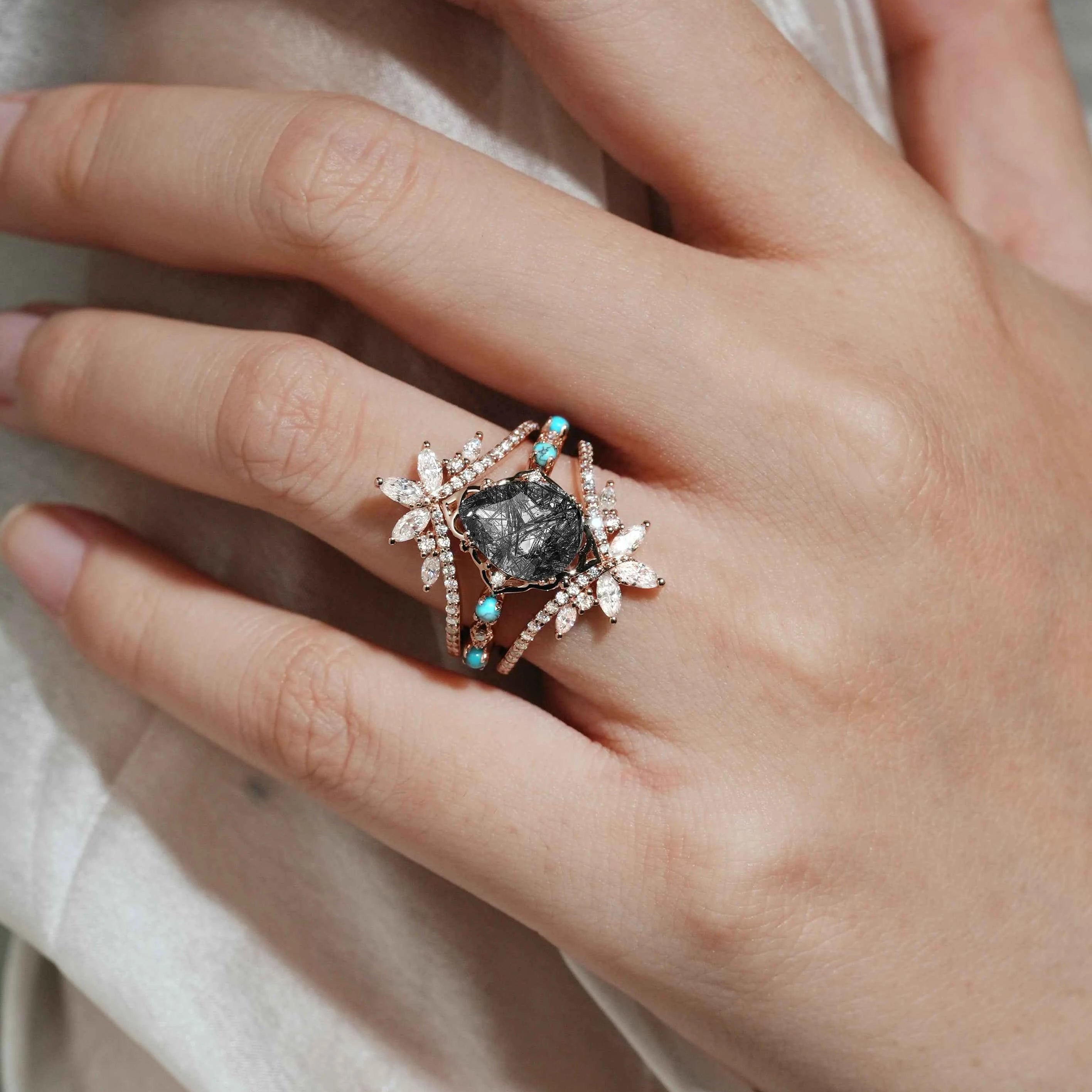 Pear Cut Black Rutilated Quartz Vintage Engagement Ring with Vintage Enhancer Wedding Bands 2 Pcs Set