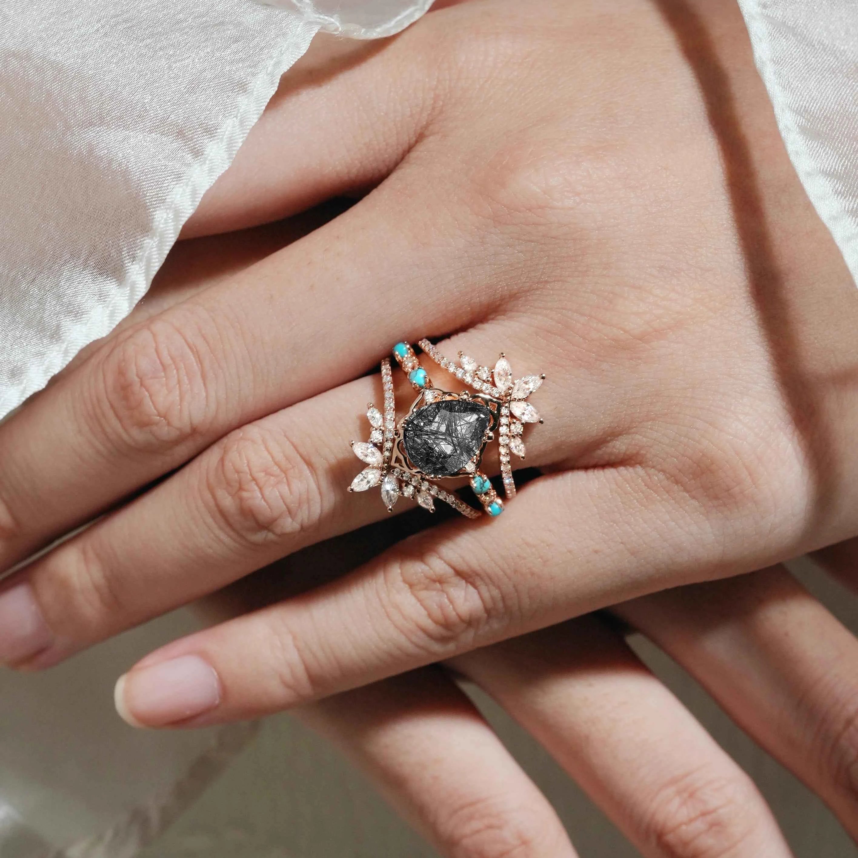 Pear Cut Black Rutilated Quartz Vintage Engagement Ring with Vintage Enhancer Wedding Bands 2 Pcs Set