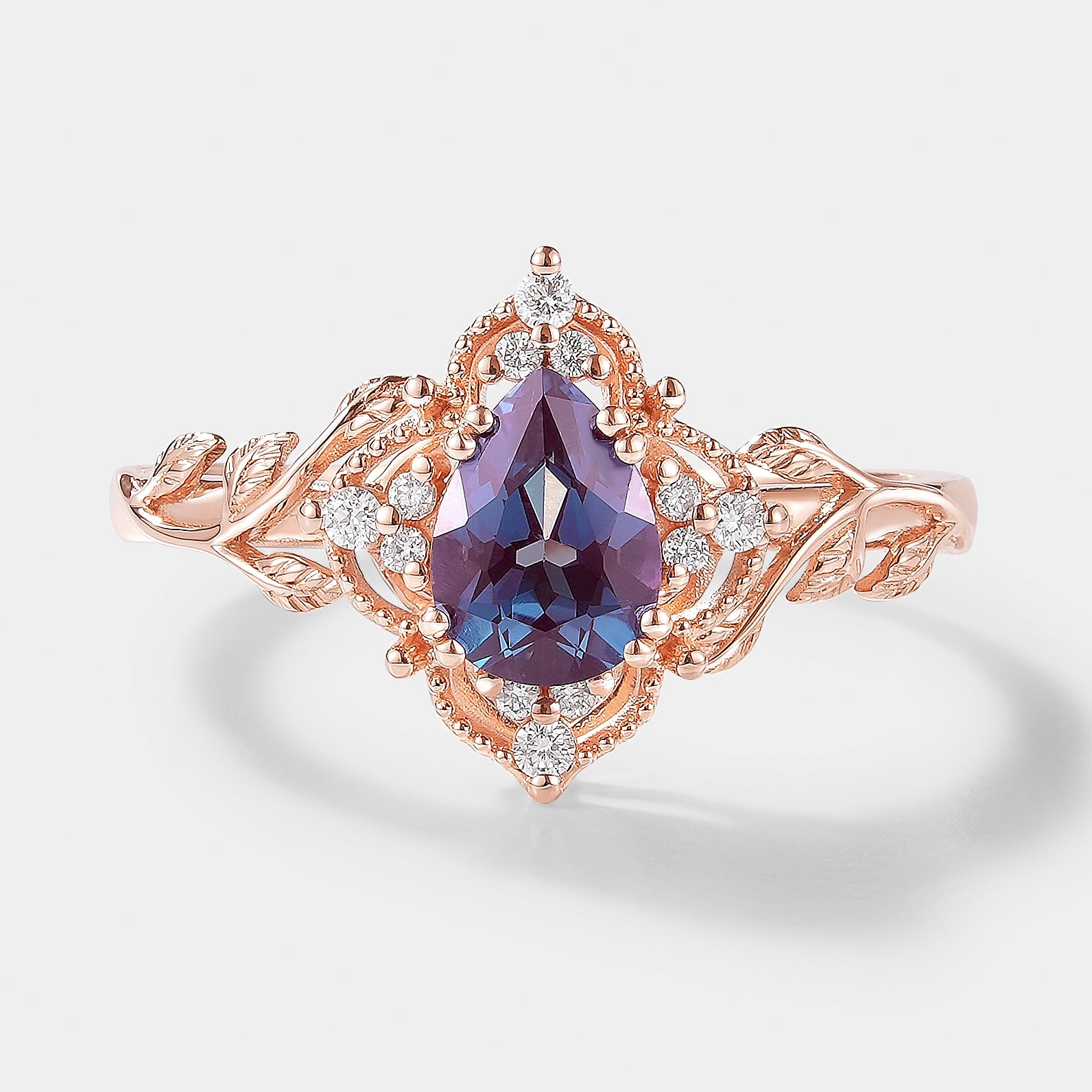 Pear Cut Alexandrite Leaf Engagement Ring