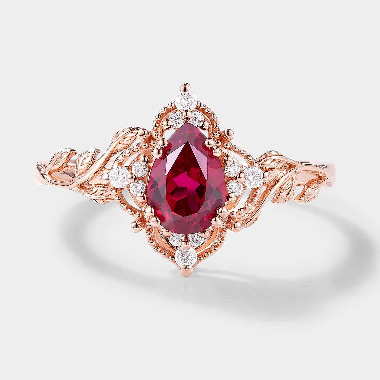 Custom Kite Cut Lab Ruby Ring Nature Inspired Leaf Engagement Ring with Pink Sapphire Accent Stone