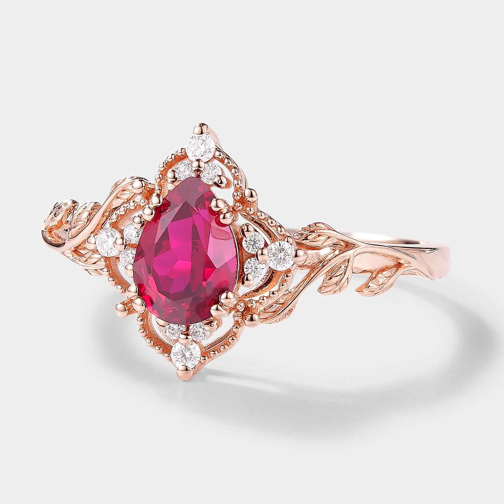 Custom Kite Cut Lab Ruby Ring Nature Inspired Leaf Engagement Ring with Pink Sapphire Accent Stone