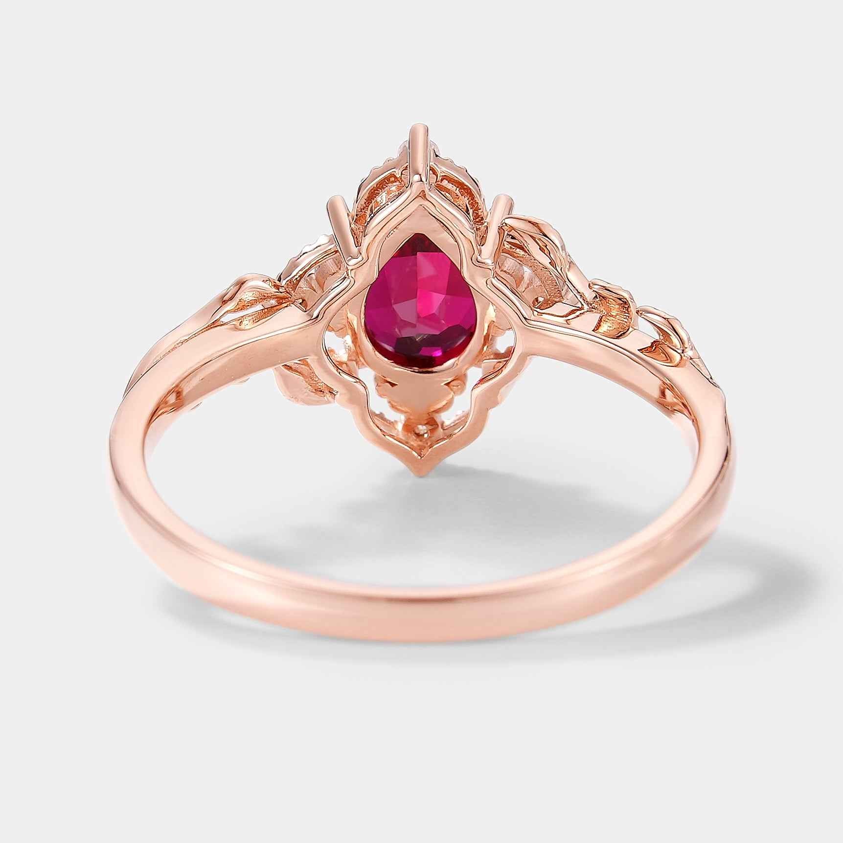 Custom Kite Cut Lab Ruby Ring Nature Inspired Leaf Engagement Ring with Pink Sapphire Accent Stone