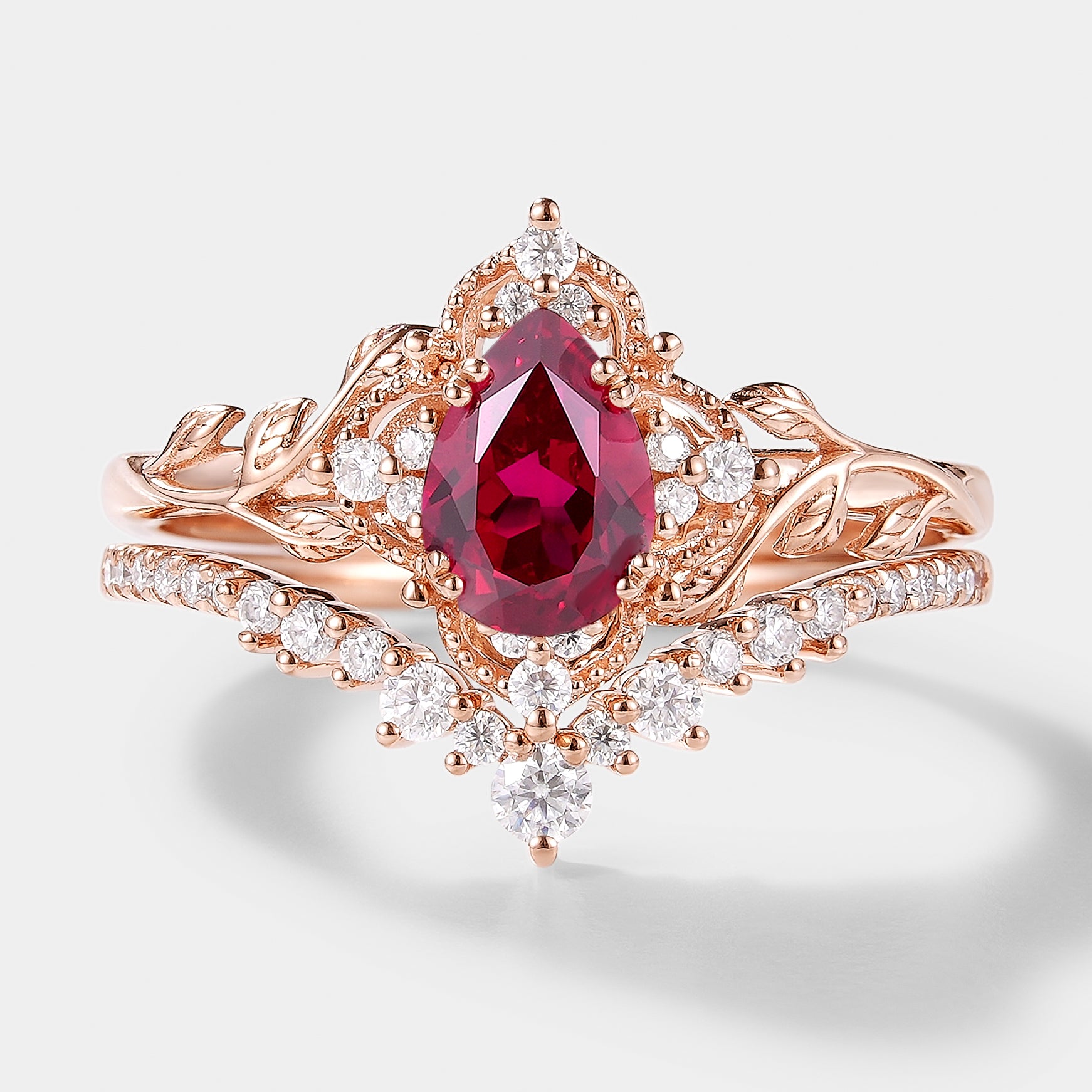 Lab Ruby Leaf Engagement Ring Set with Curved Wedding Band