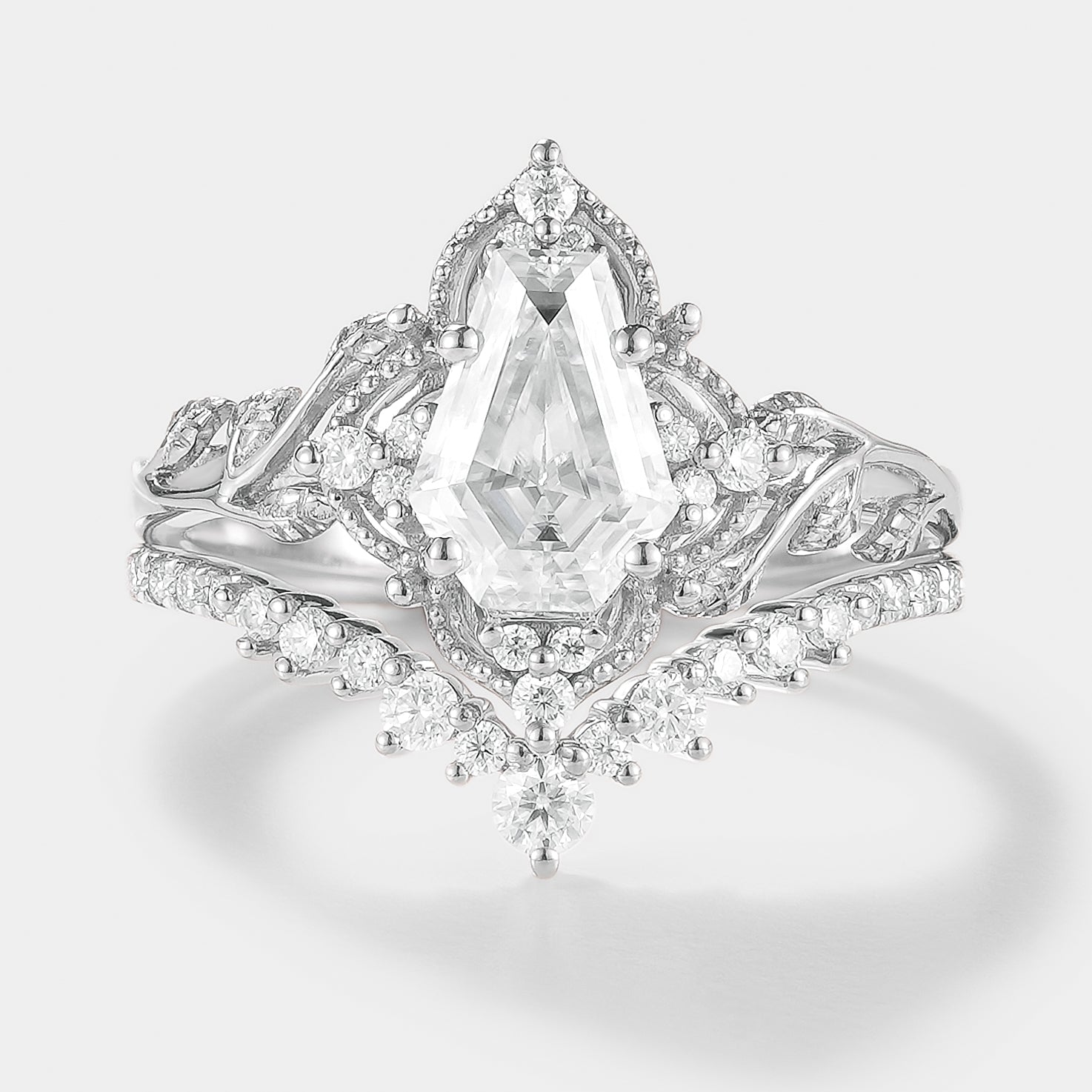 Nature-inspired coffin cut moissanite ring set by Lahela Jewelry