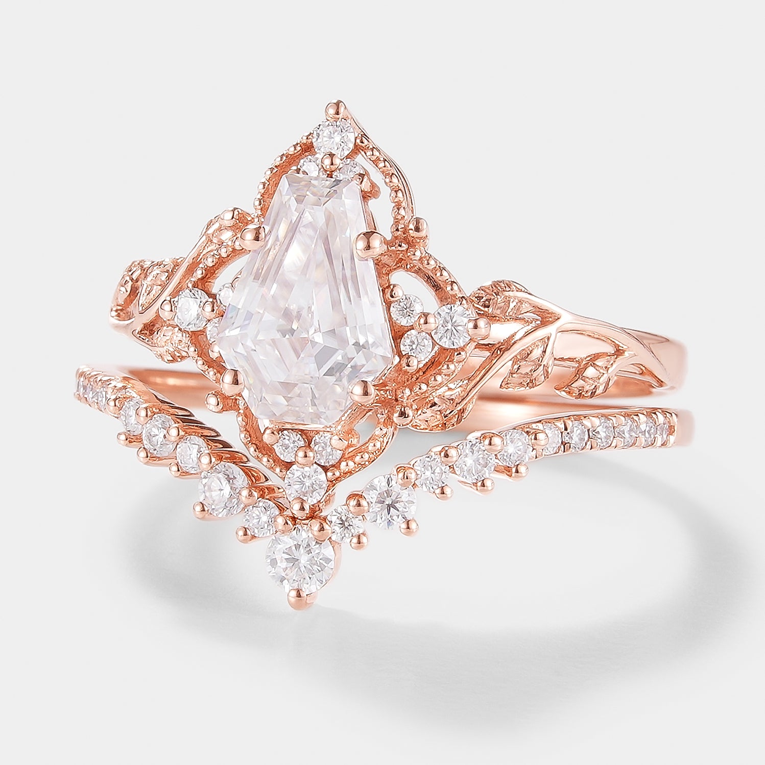 Rose gold coffin cut moissanite engagement ring set with leaf design