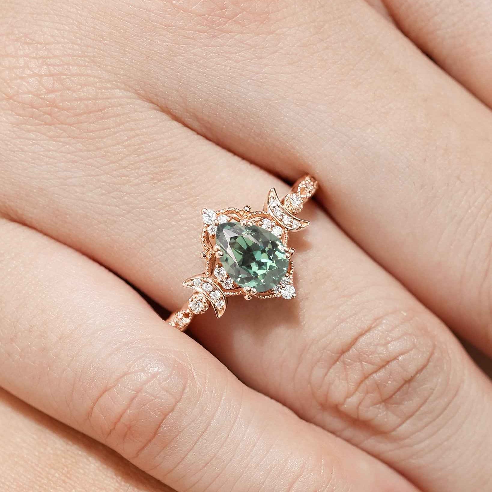 Unique Design Moon Inspired Pear Cut Lab Green Sapphire Engagement Ring