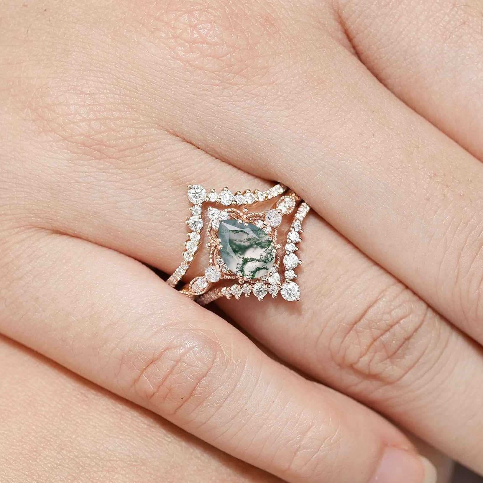 Vintage Pear Cut Moss Agate Engagement Ring Set Moissanite Wedding Bands 3pcs