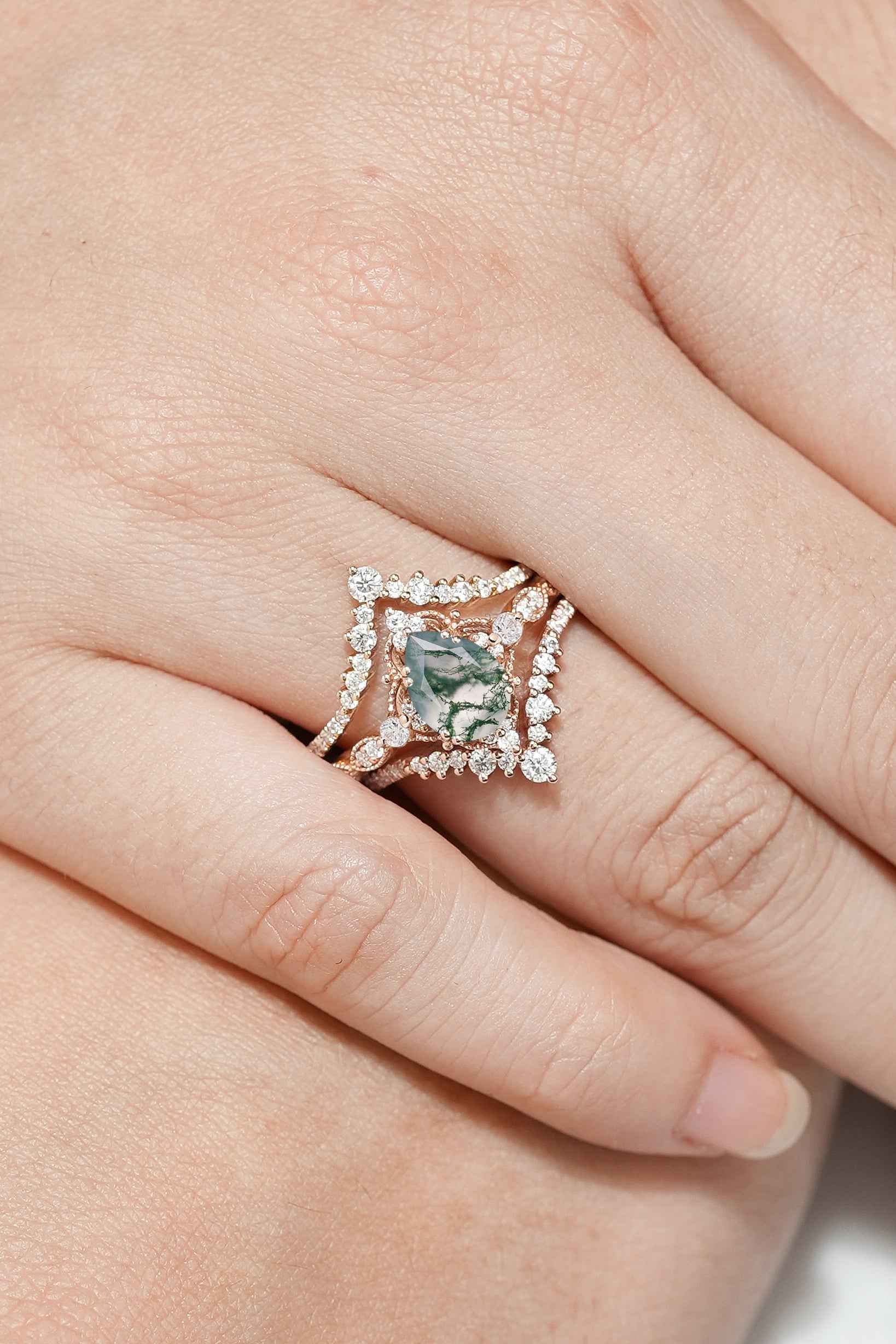 Vintage Pear Cut Moss Agate Engagement Ring Set Moissanite Wedding Bands 3pcs
