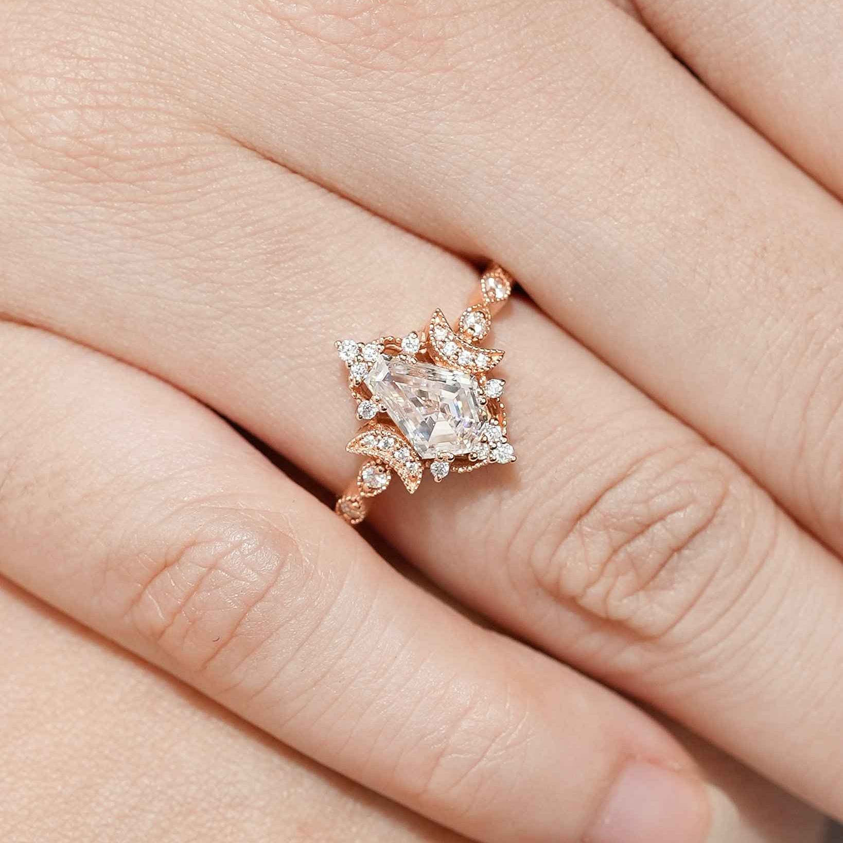 Coffin Cut Moissanite Engagement Ring Unique Moon Design Promise Wedding Ring