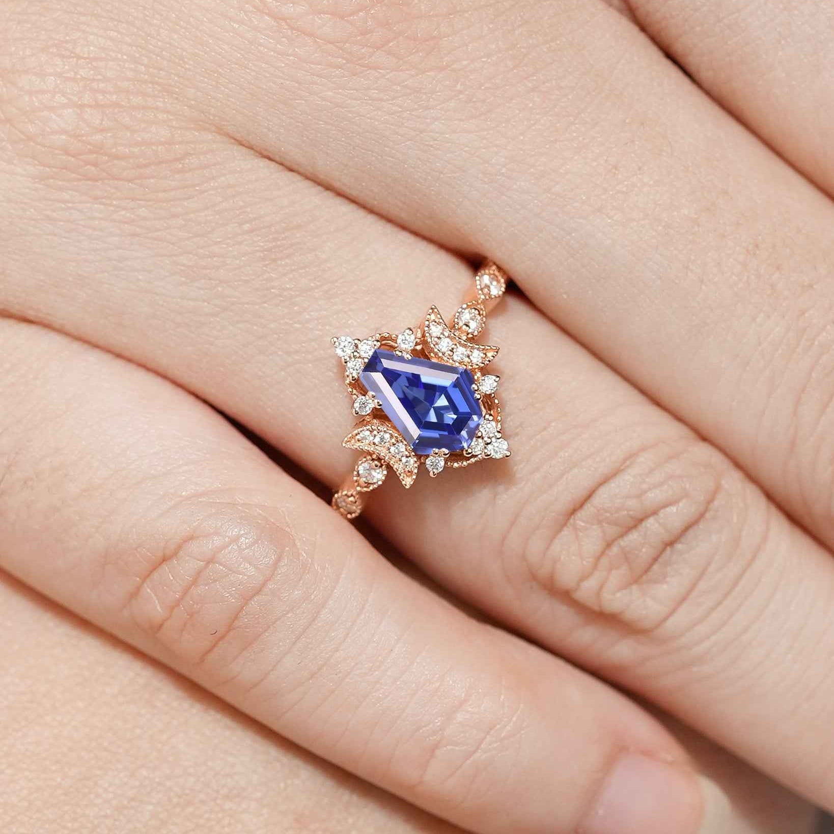 Unique Coffin Cut Lab Blue Sapphire Moon Inspired Engagement Ring