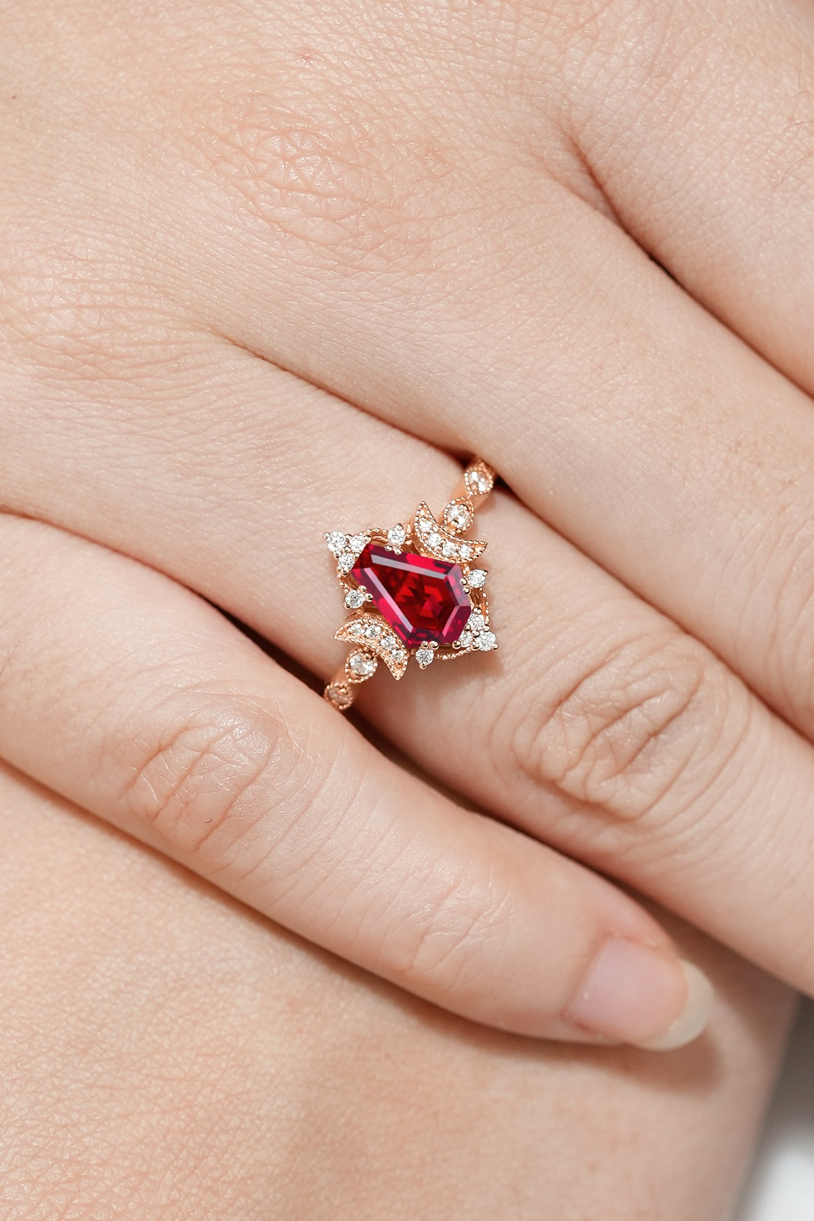 Rose gold coffin cut ruby ring with moon design. Anniversary ring