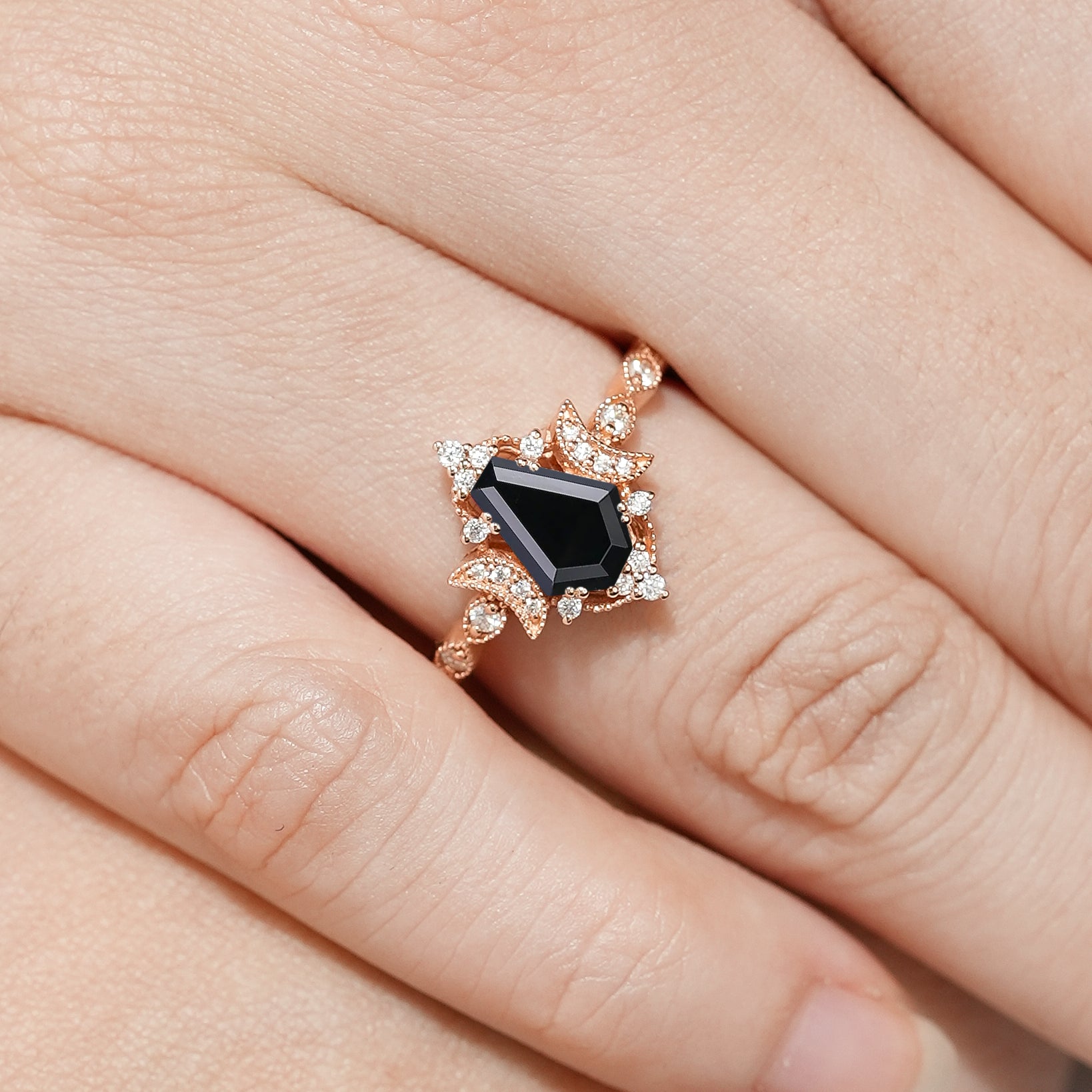 Rose gold Black Onyx engagement ring with floral detail