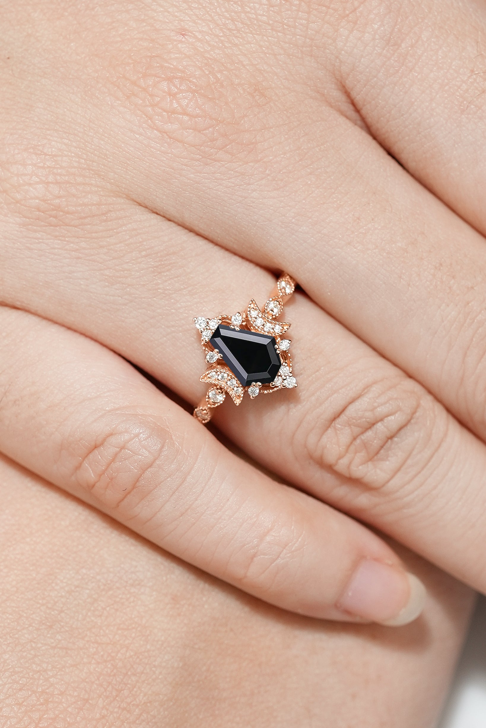 Rose gold Black Onyx engagement ring with floral detail