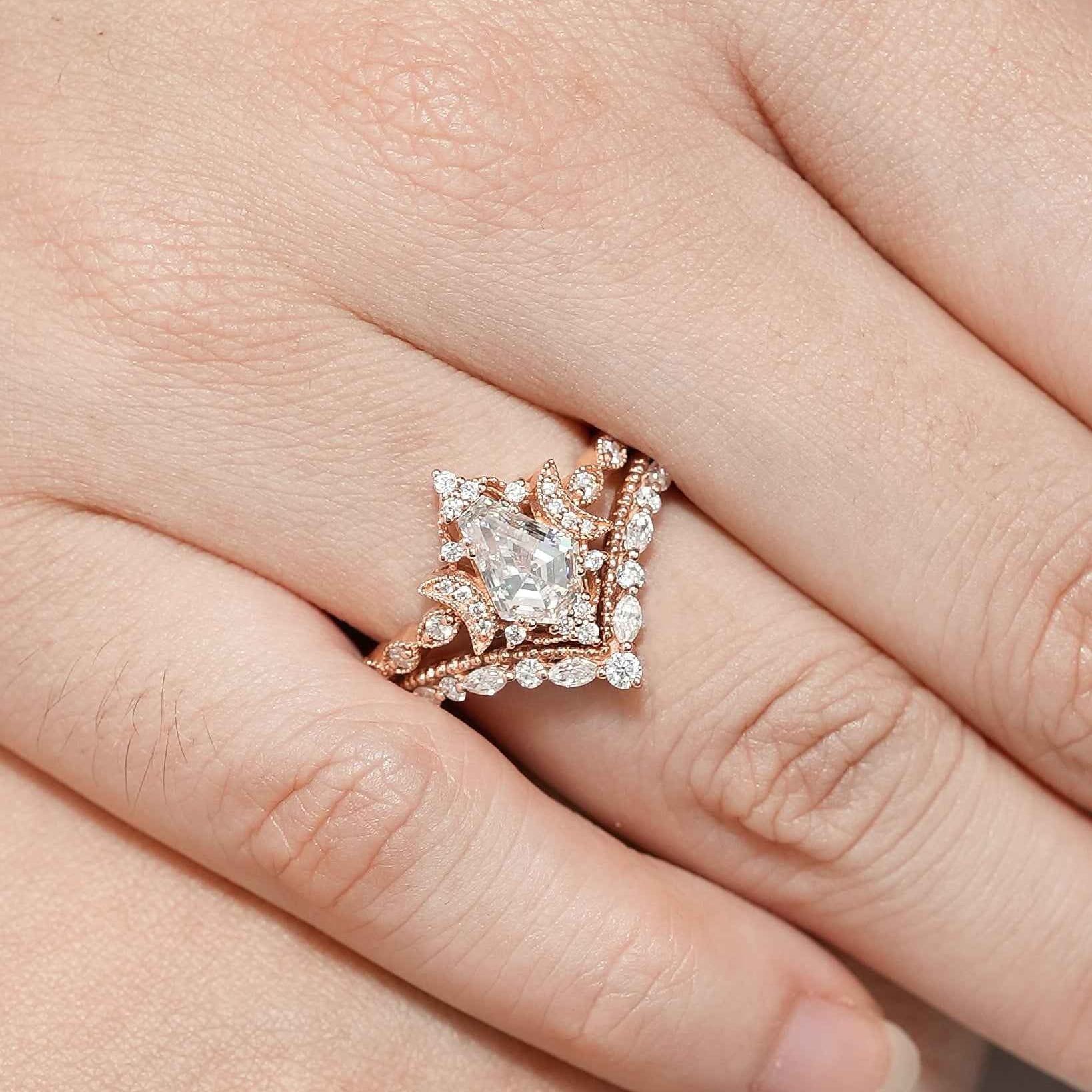 Coffin Cut Unique Moon Design Moissanite Engagement Ring Set Curved Wedding Band