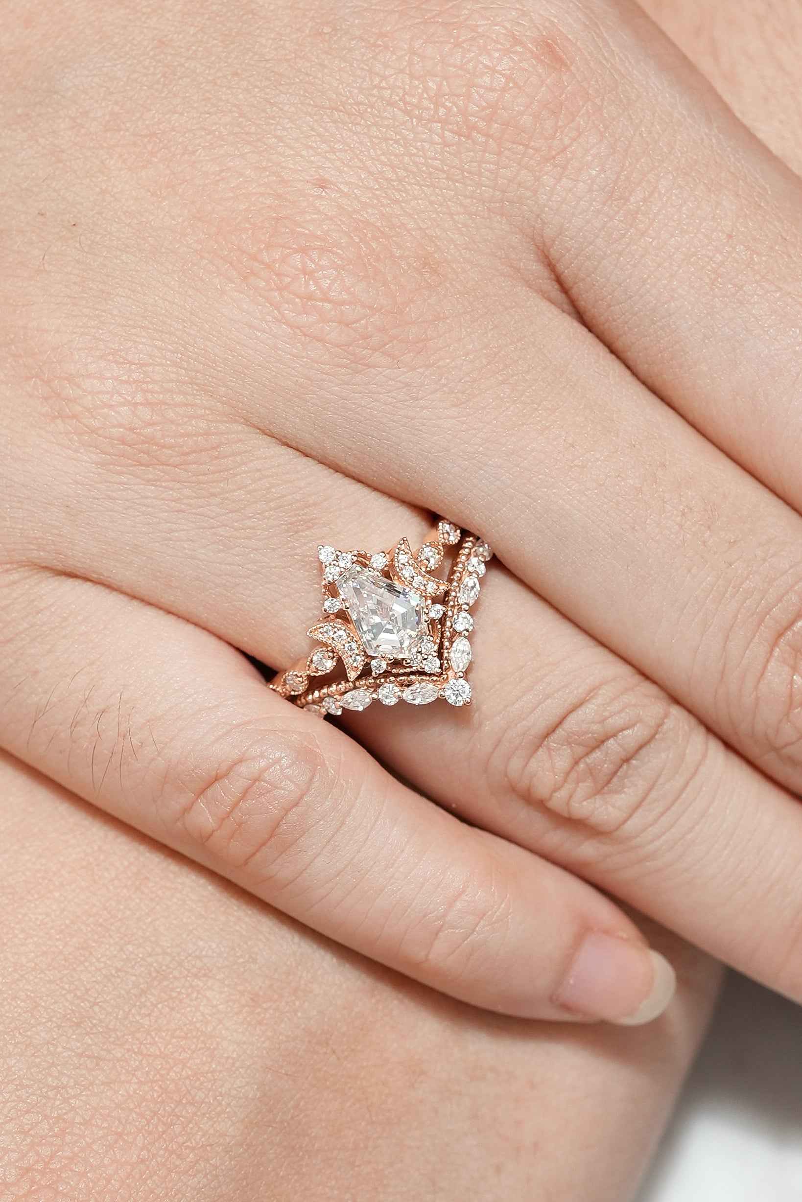 Coffin Cut Unique Moon Design Moissanite Engagement Ring Set Curved Wedding Band