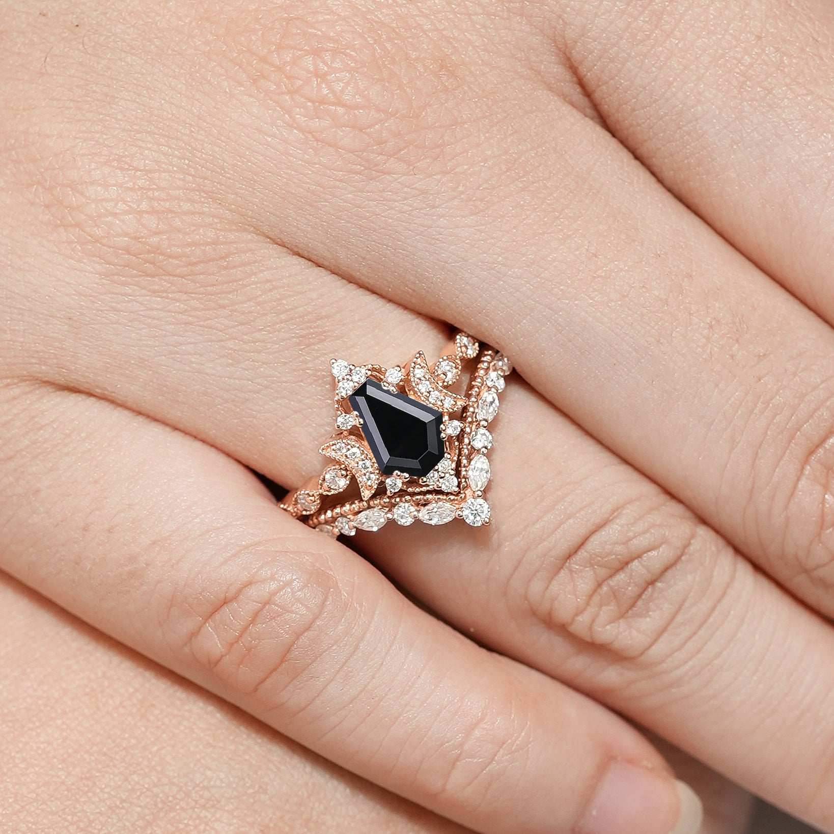 Black Onyx Coffin Cut Engagement Ring Set on Hand