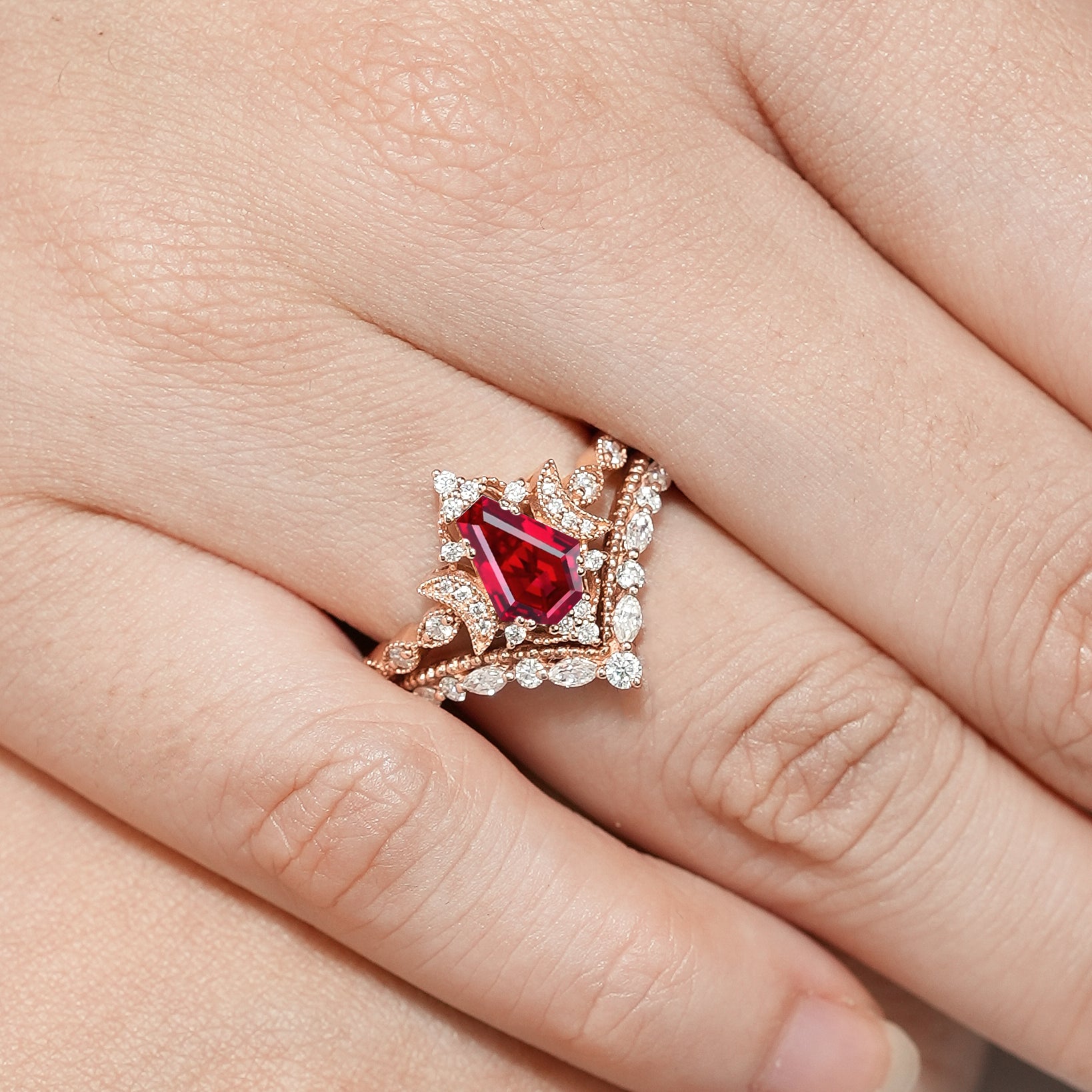 Rose gold Coffin Cut Ruby Engagement Ring with matching band