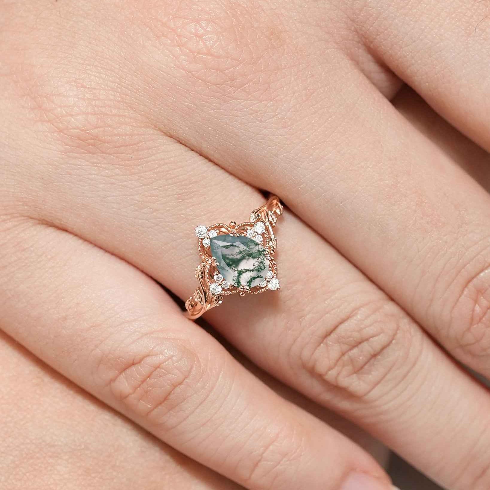 Nature Inspired Pear Cut Moss Agate Leafy Engagement Ring
