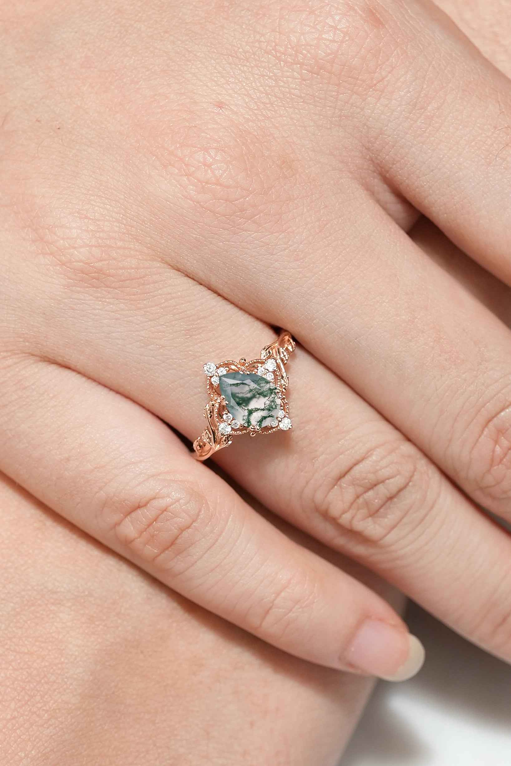 Nature Inspired Pear Cut Moss Agate Leafy Engagement Ring