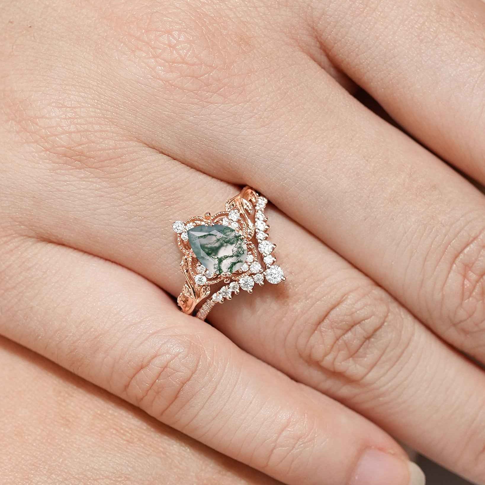 Nature Inspired Moss Agate Leaf Engagement Ring Set Chevron Wedding Band 2pcs