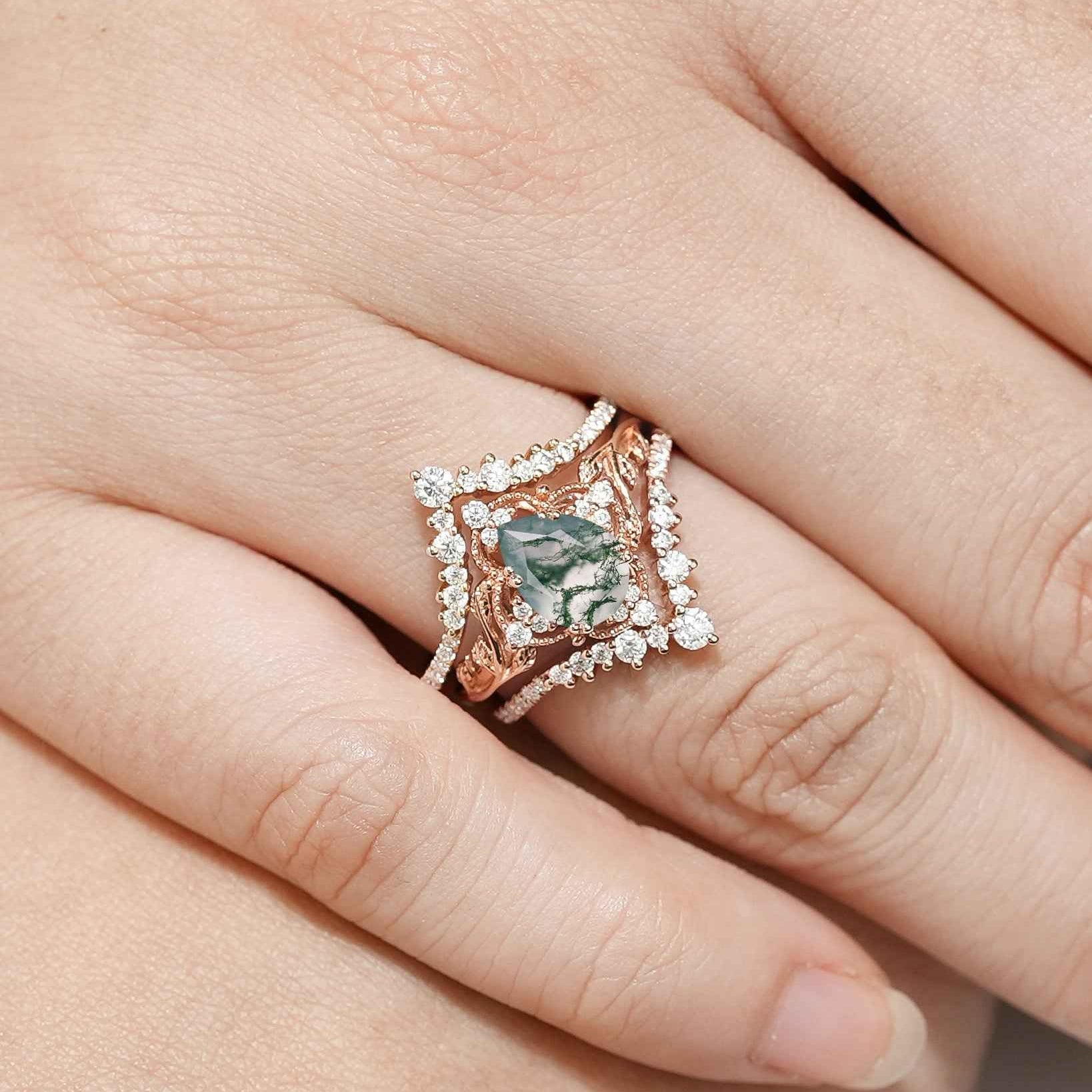 Nature Moss Agate Leaf Engagement Ring Set Chevron Wedding Bands 3pcs