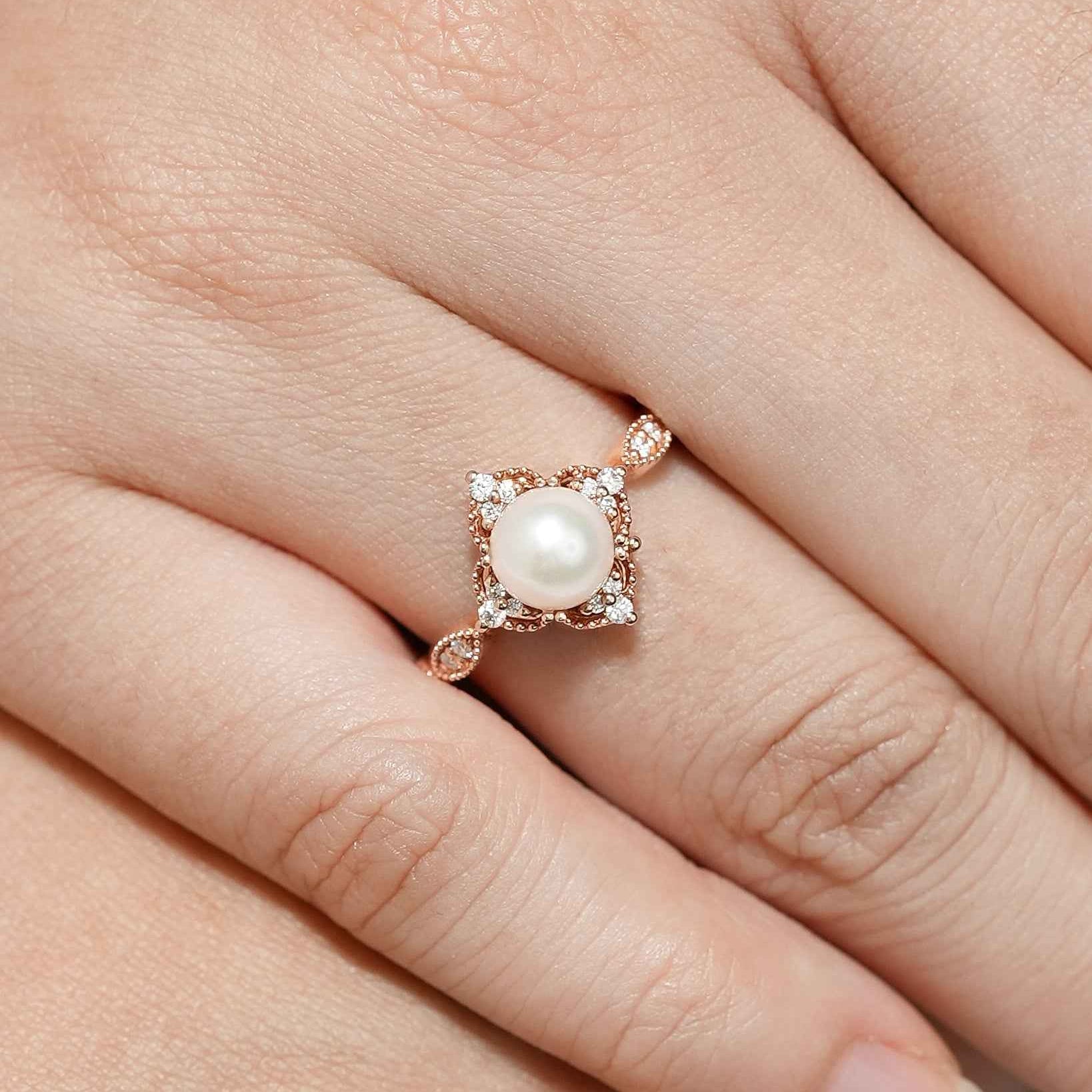 Vintage Akoya Pearl Engagement Ring Rose Gold Moissanite Cluster