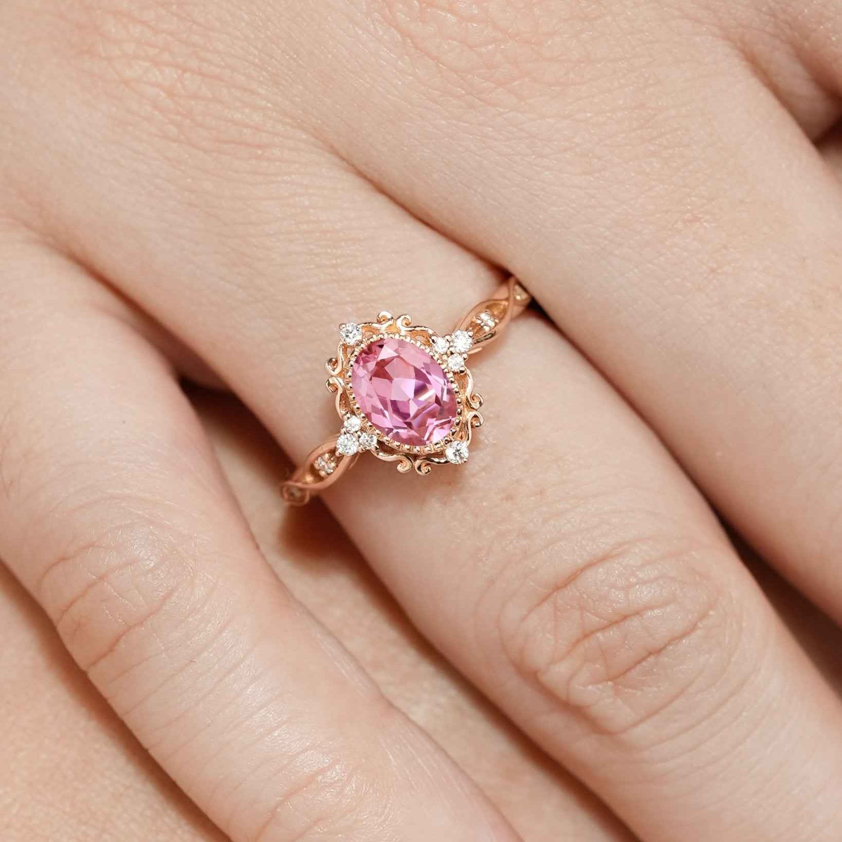 Signature Vintage Oval Cut Lab Pink Sapphire Engagement Ring